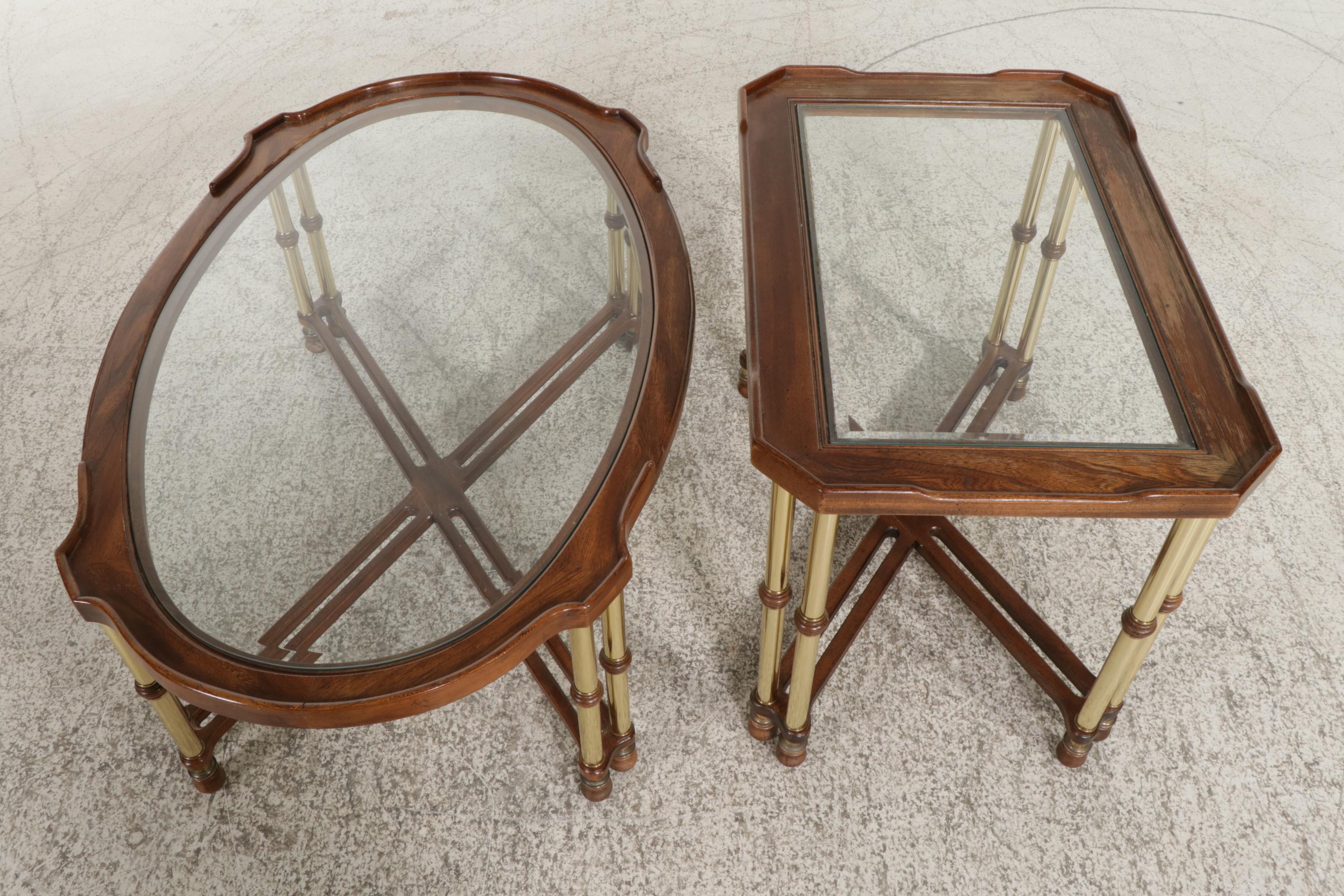Brass, Glass and Fruitwood-Stained Coffee and Side Tables, Late 20th Century