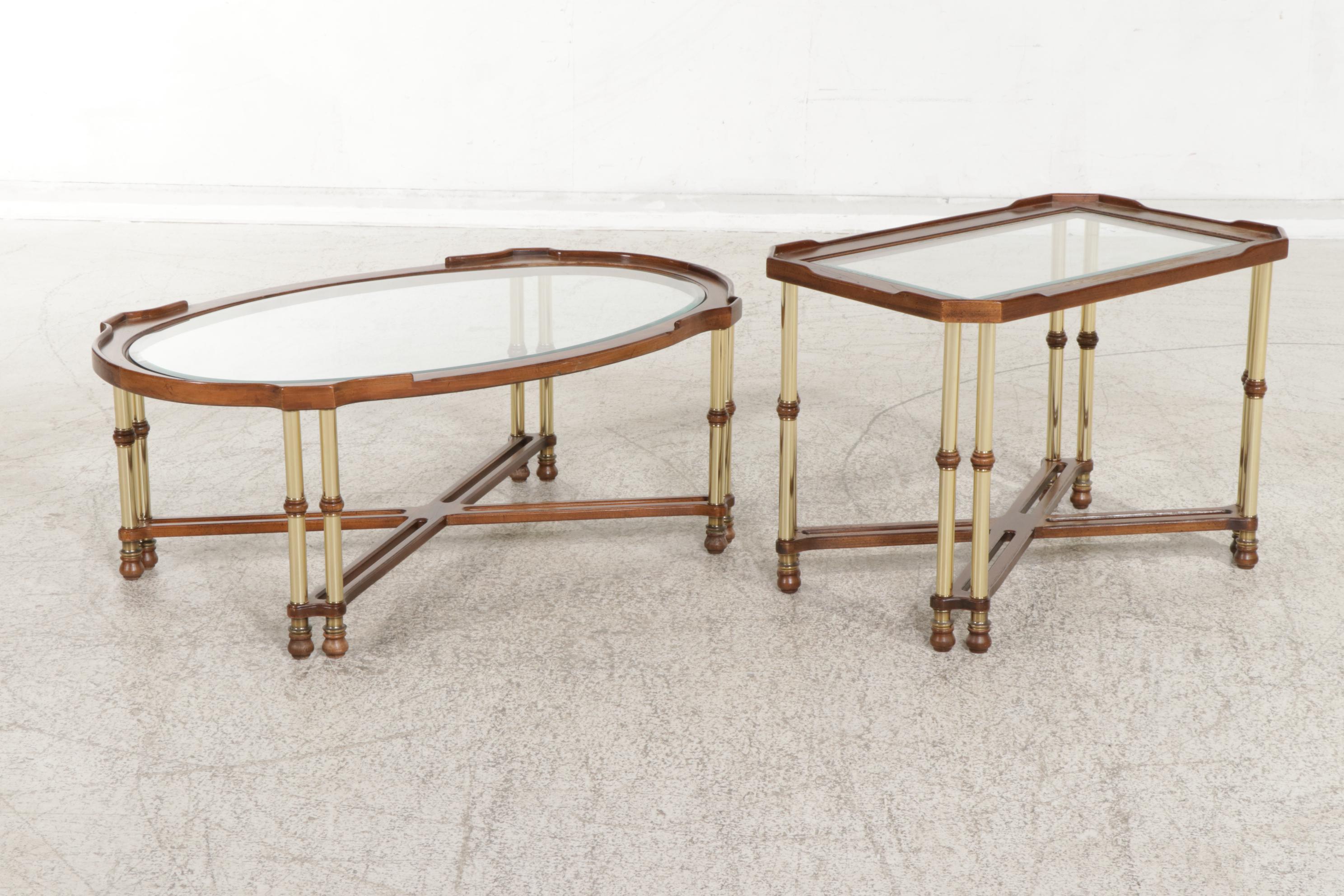 Brass, Glass and Fruitwood-Stained Coffee and Side Tables, Late 20th Century