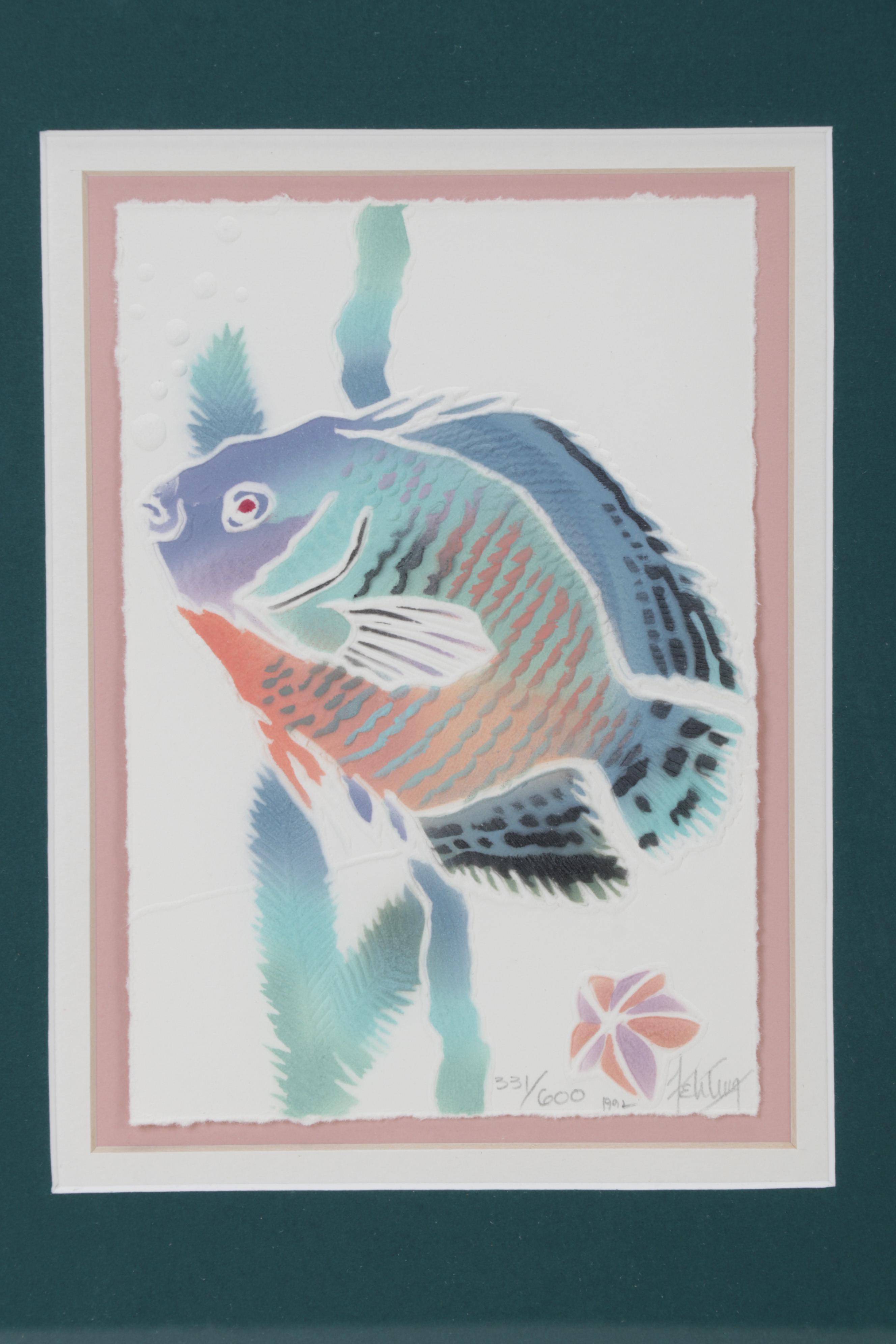 Laura Beatty-Fehling Hand-Colored Embossed Etchings of Fish, Circa 1993