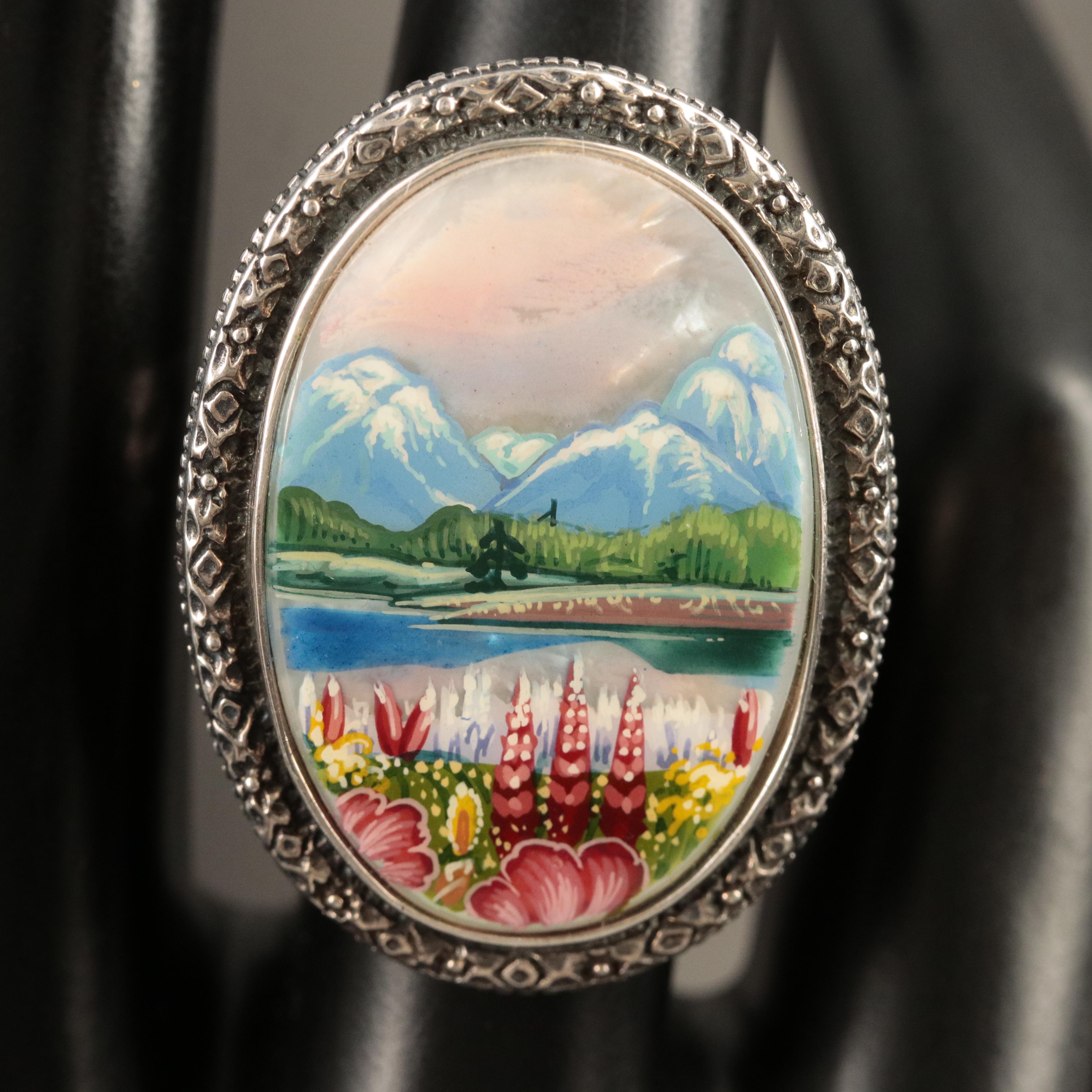Sterling Mother-of-Pearl Scenic painted Ring