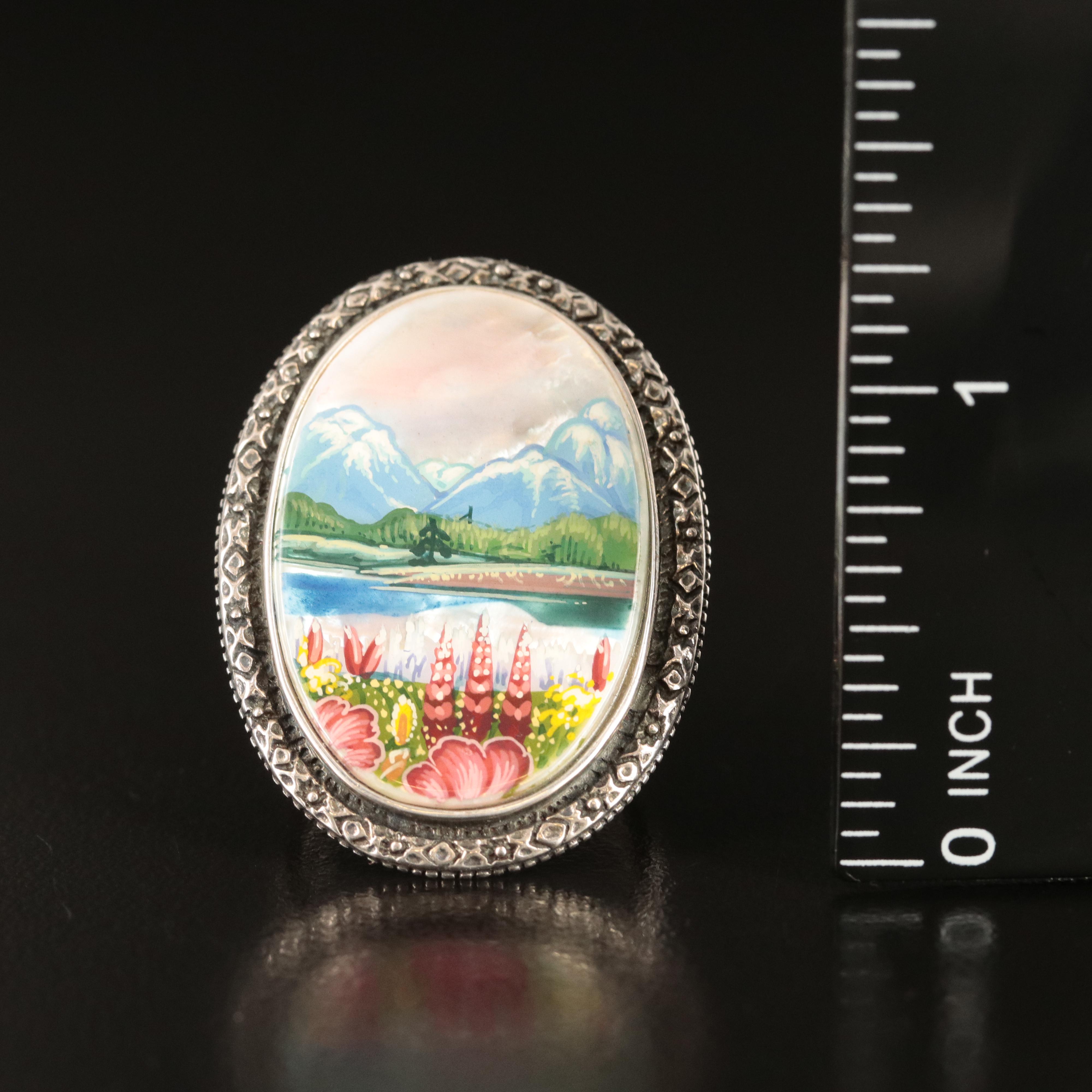 Sterling Mother-of-Pearl Scenic painted Ring