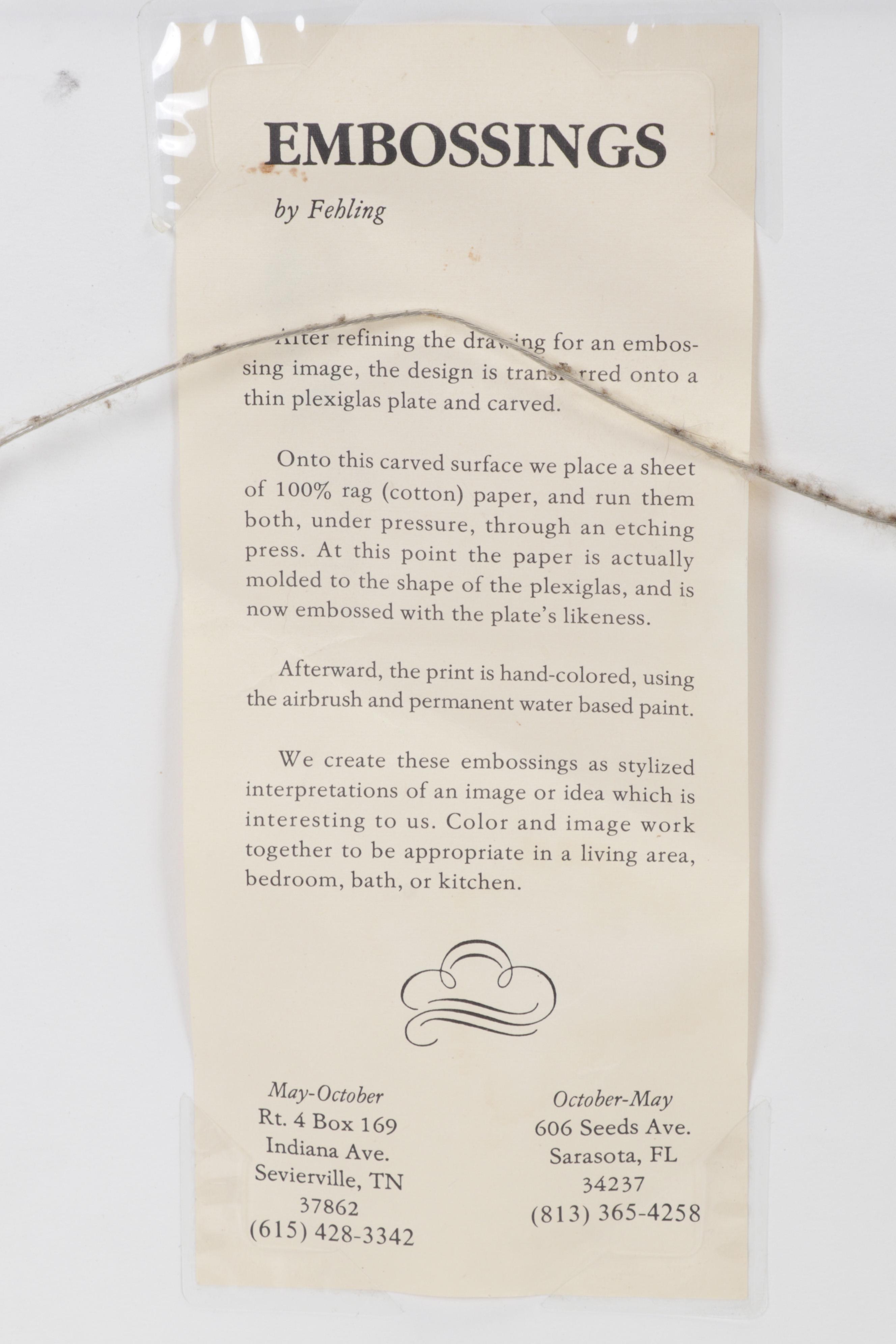 Laura Beatty-Fehling Hand-Colored Embossed Etchings of Fish, Circa 1993