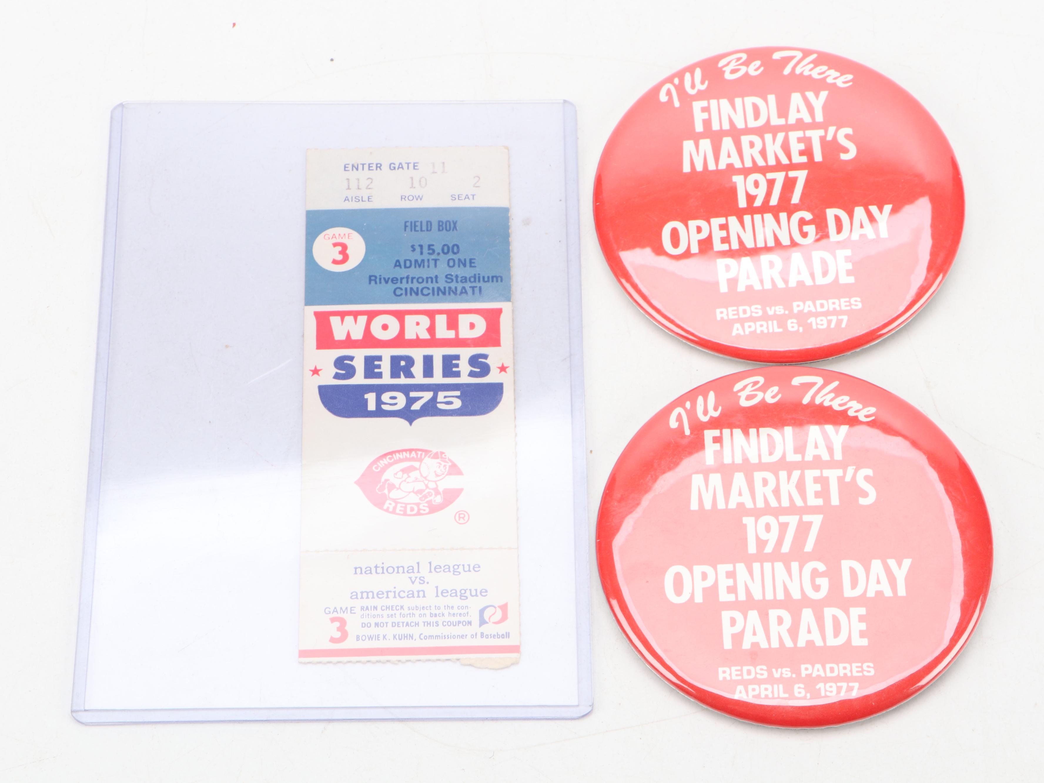 Cincinnati Reds 1975 World Series Ticket, Pennant, Facsimile Baseballs and More
