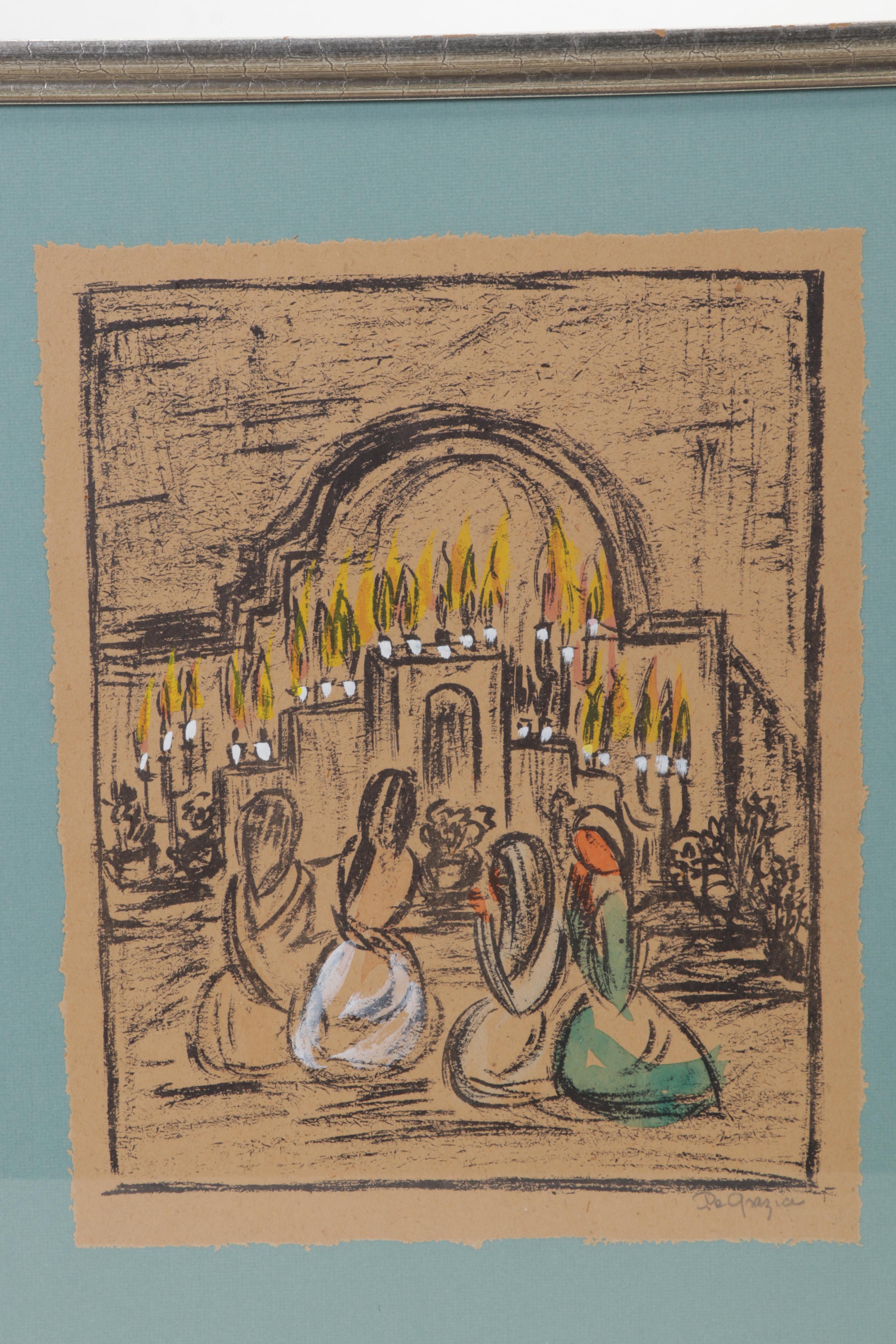 Ted De Grazia Hand-Colored Lithographs of Kneeling Figures, Circa 1965