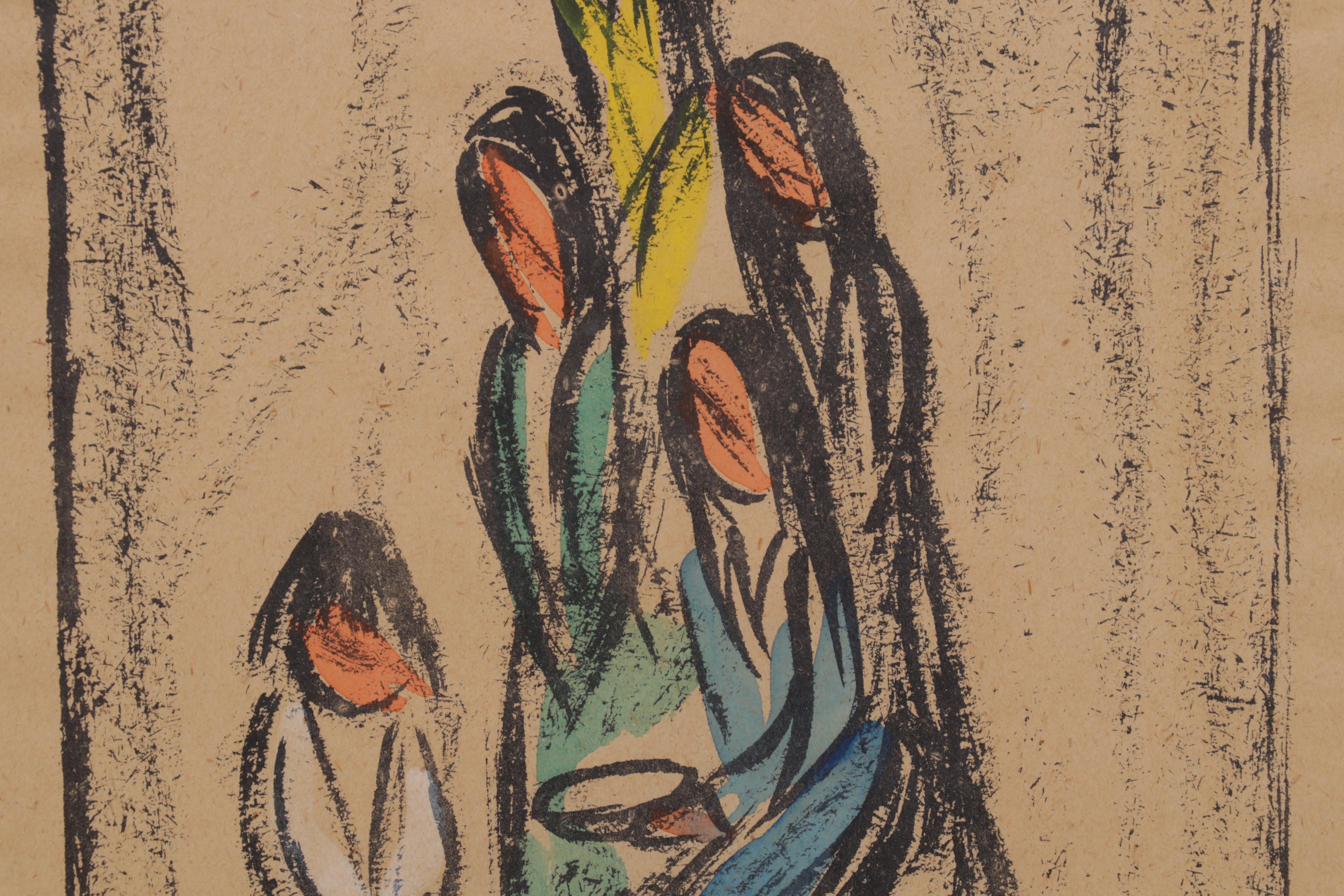 Ted De Grazia Hand-Colored Lithographs of Kneeling Figures, Circa 1965