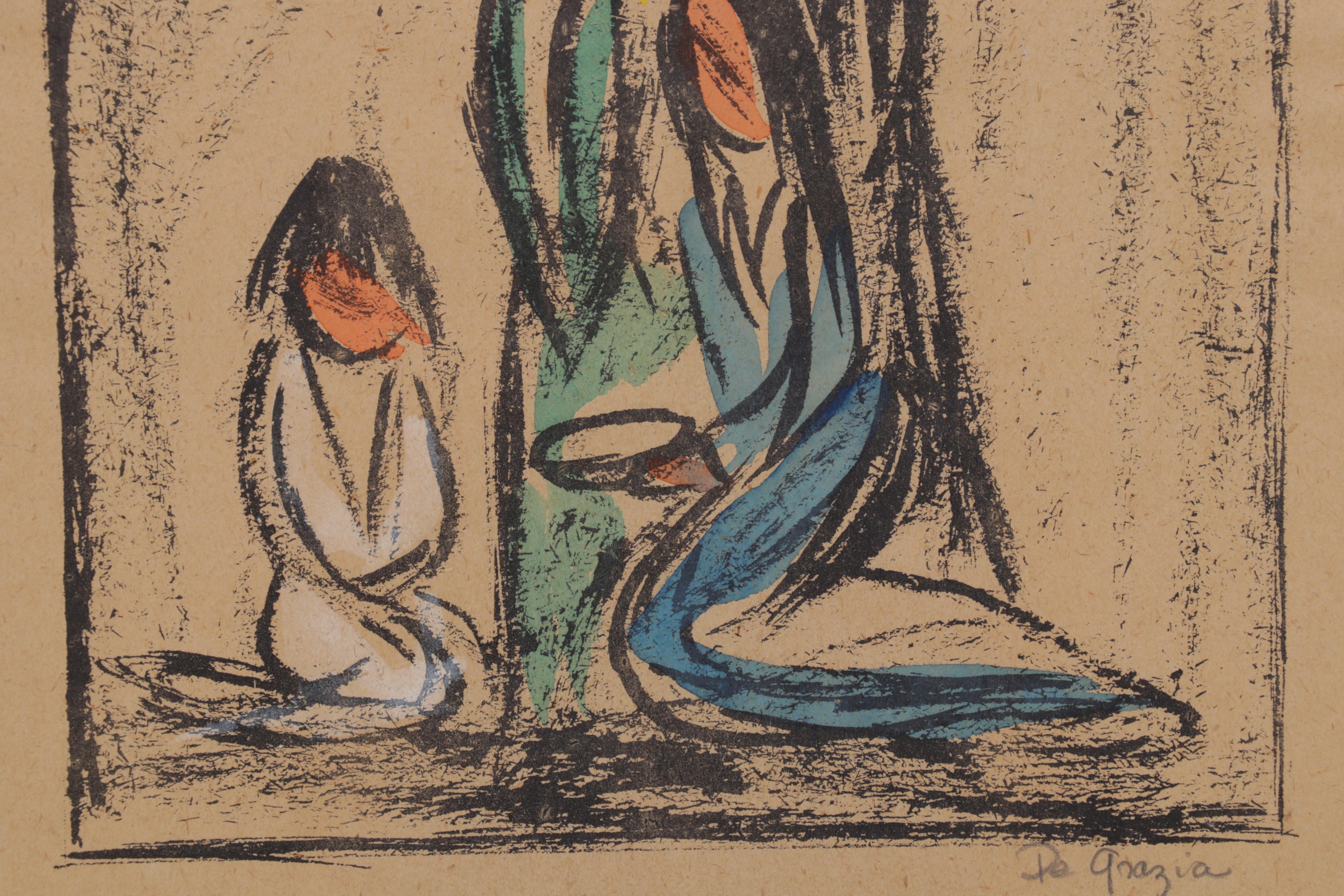 Ted De Grazia Hand-Colored Lithographs of Kneeling Figures, Circa 1965