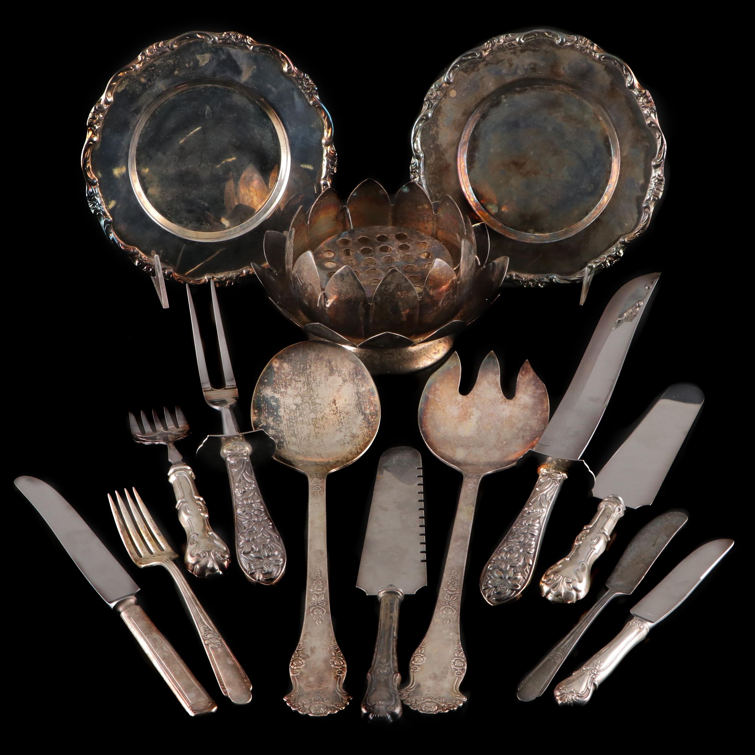 International Silver Co. Trays with Flower Frog and Other Silver Plate Utensils