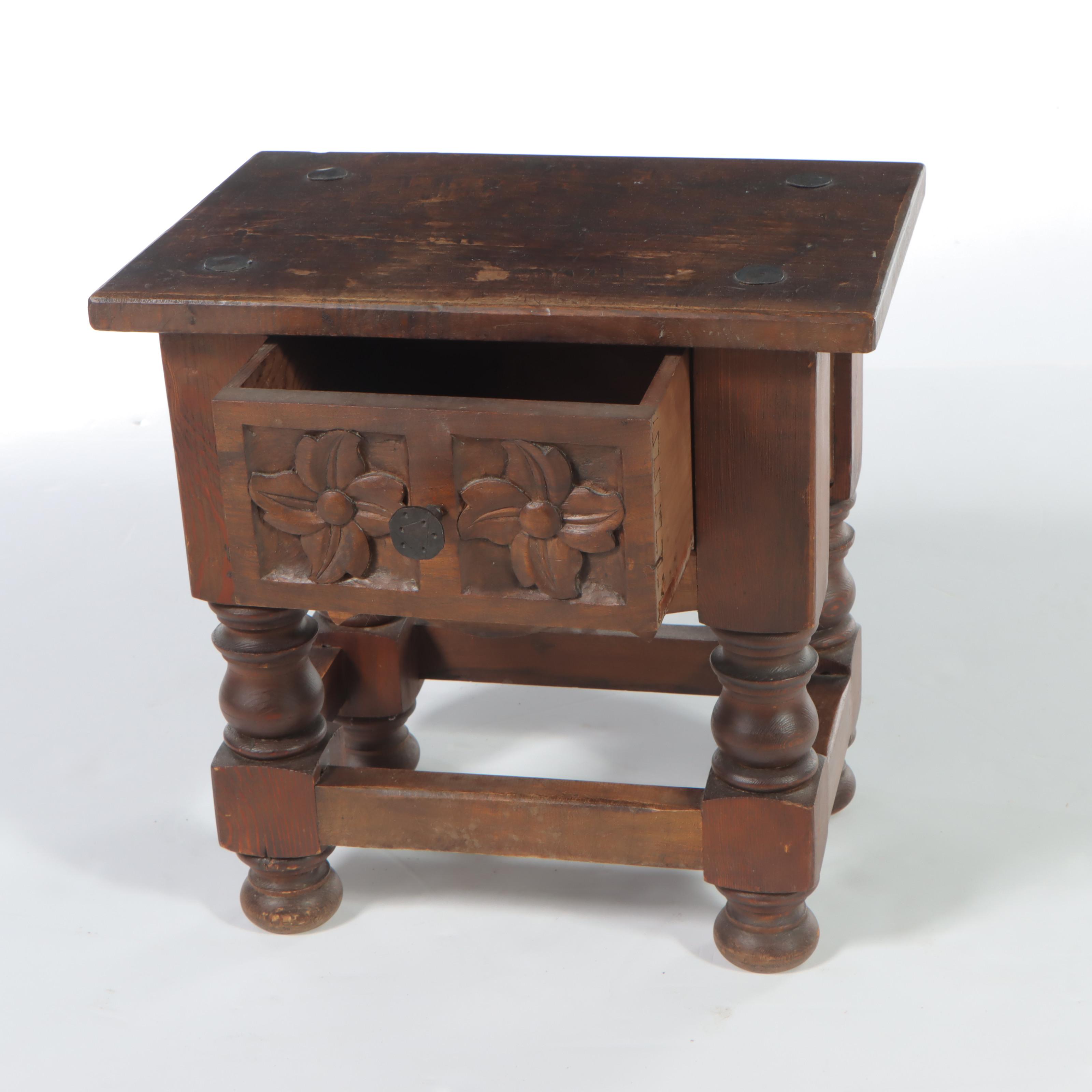 Small Spanish Colonial Style Relief-Carved Hardwood and Pine Side Table