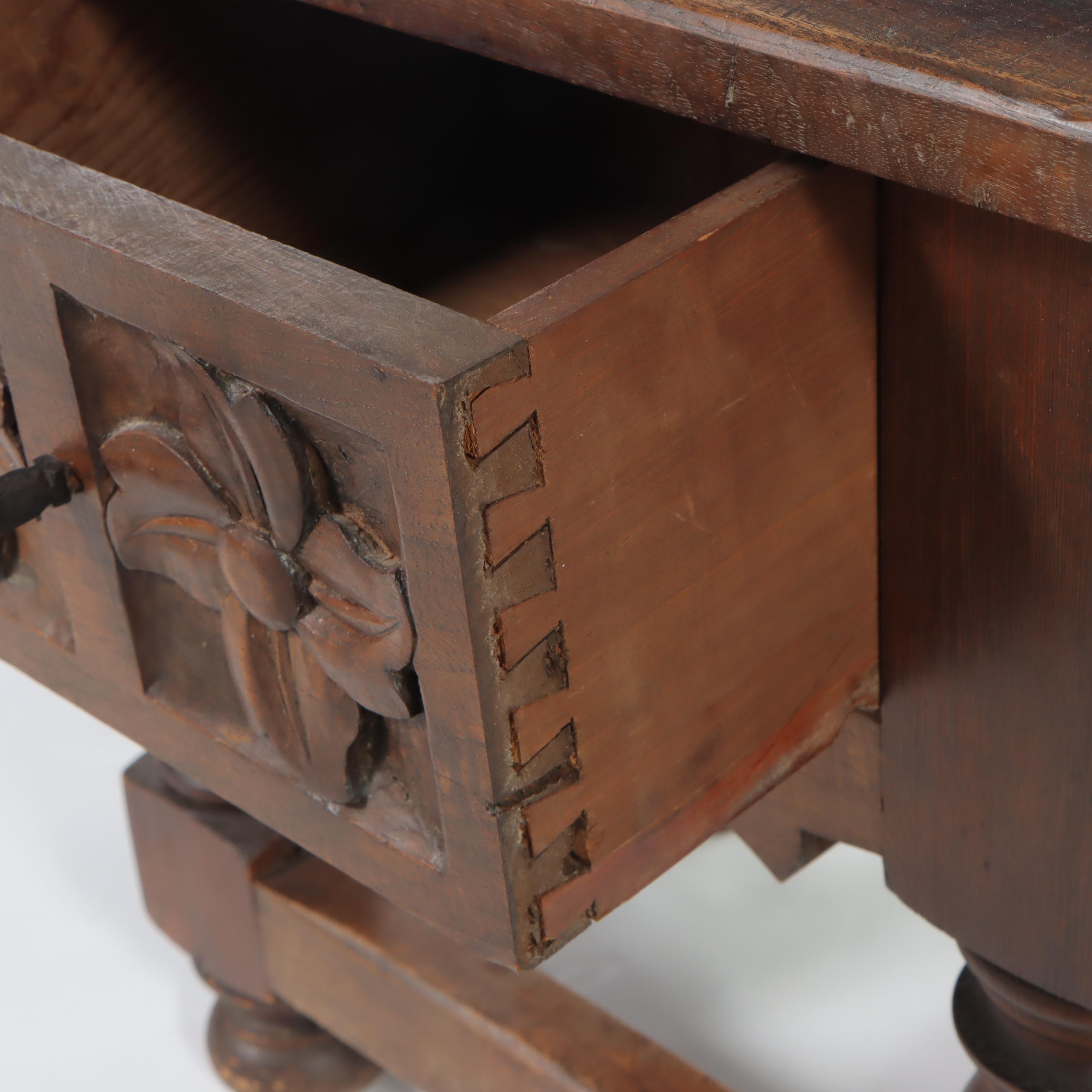 Small Spanish Colonial Style Relief-Carved Hardwood and Pine Side Table
