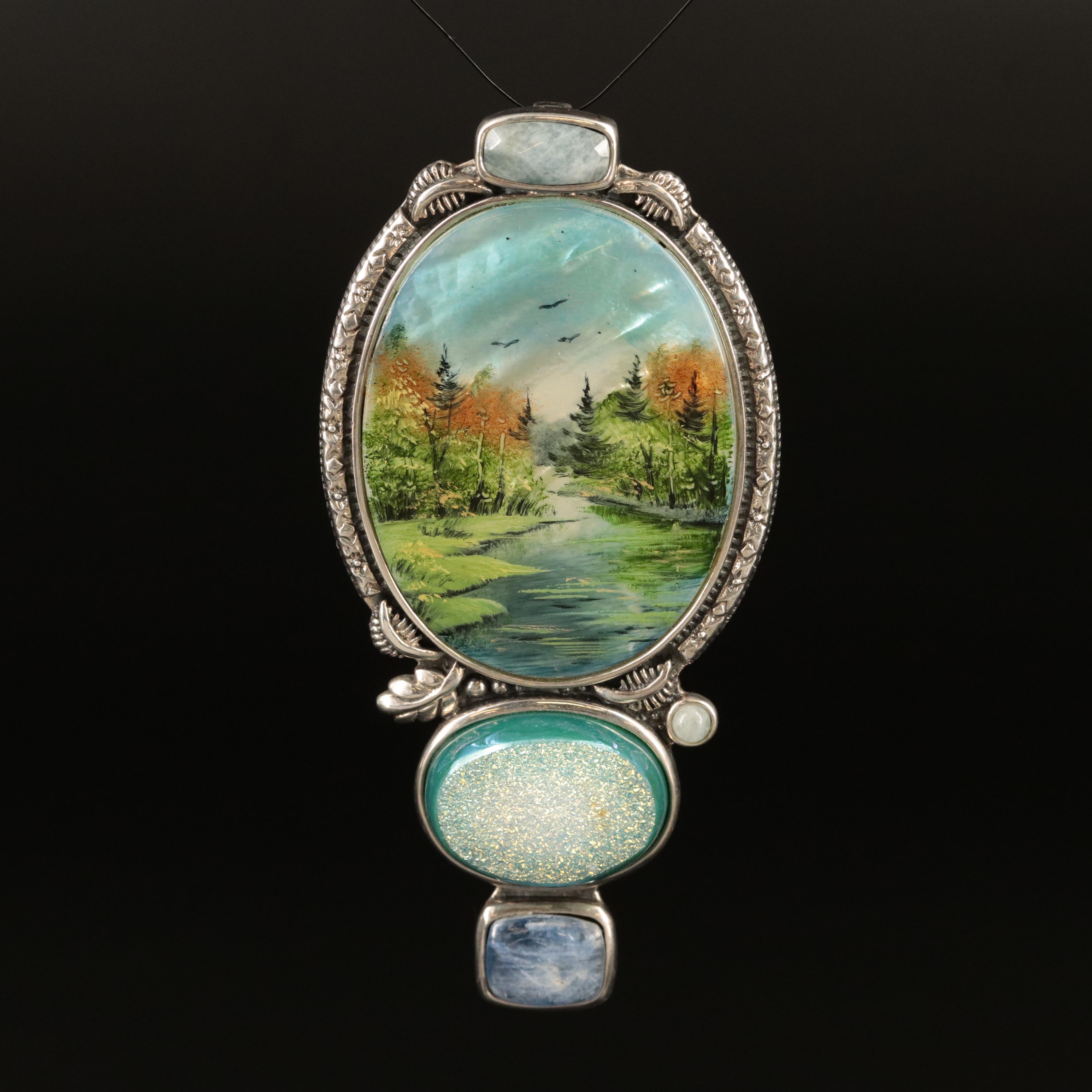 Sterling Painted Scenic Enhancer Converter Brooch Including Gemstones