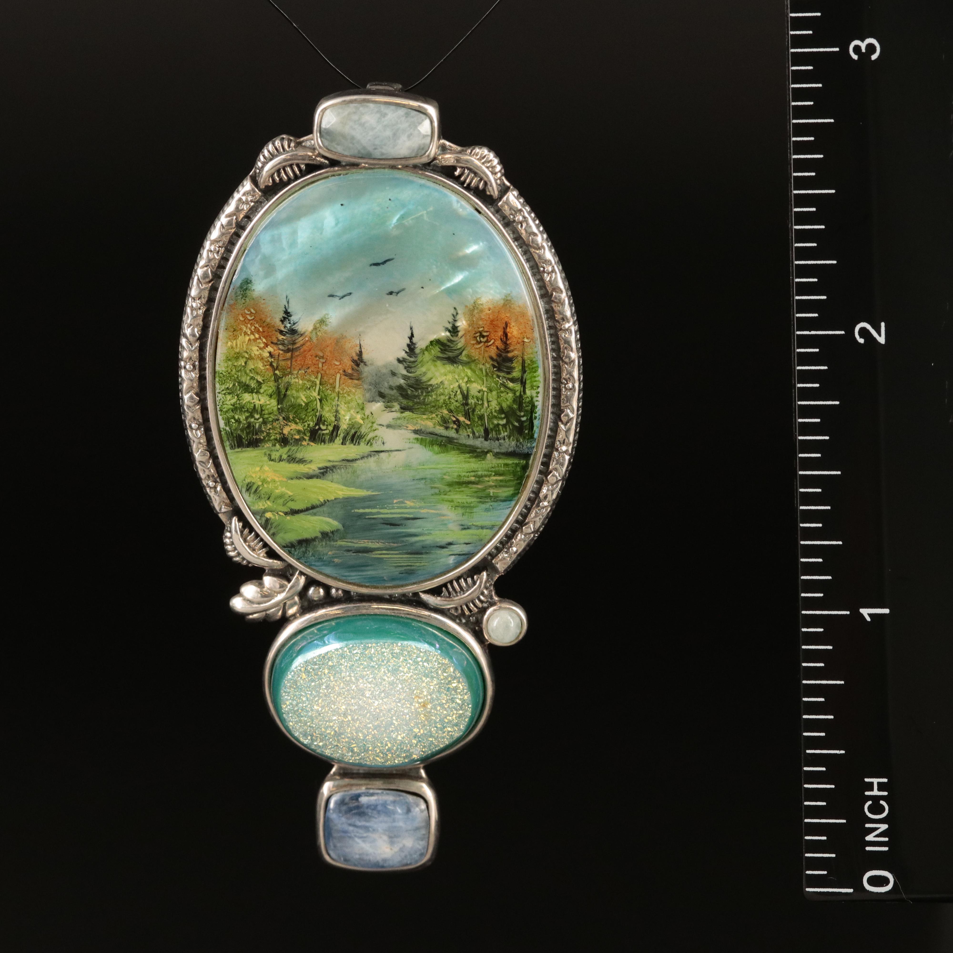 Sterling Painted Scenic Enhancer Converter Brooch Including Gemstones