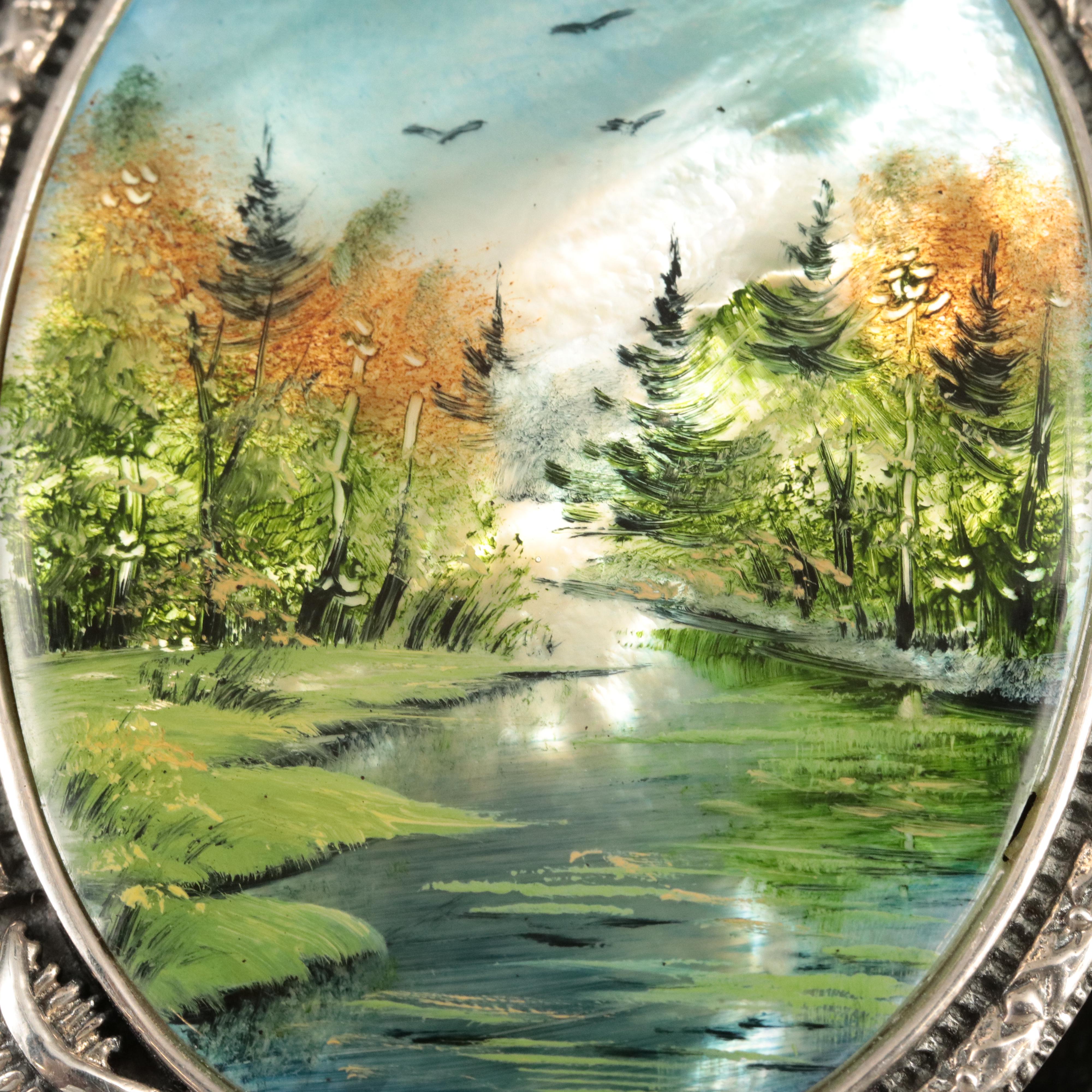 Sterling Painted Scenic Enhancer Converter Brooch Including Gemstones