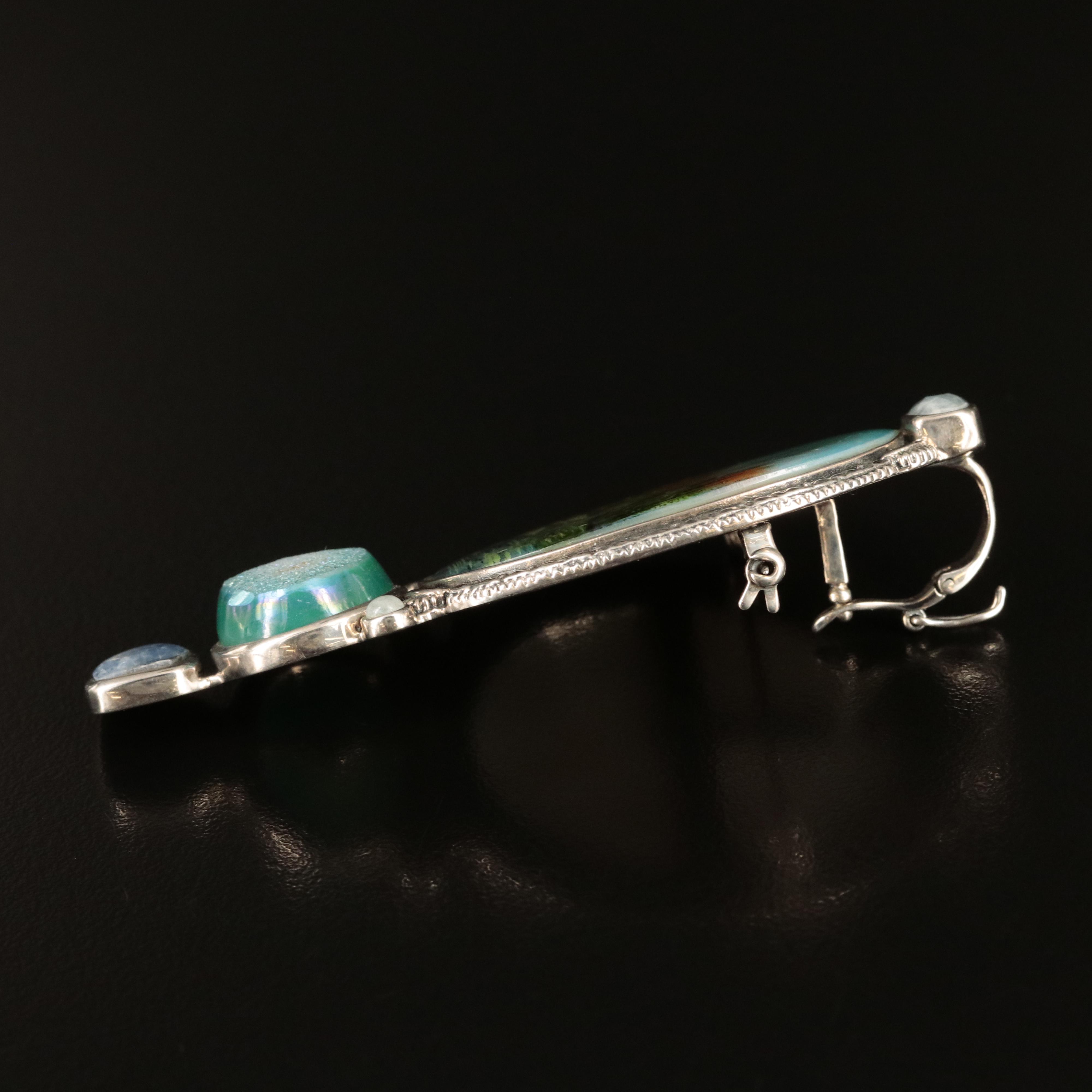 Sterling Painted Scenic Enhancer Converter Brooch Including Gemstones