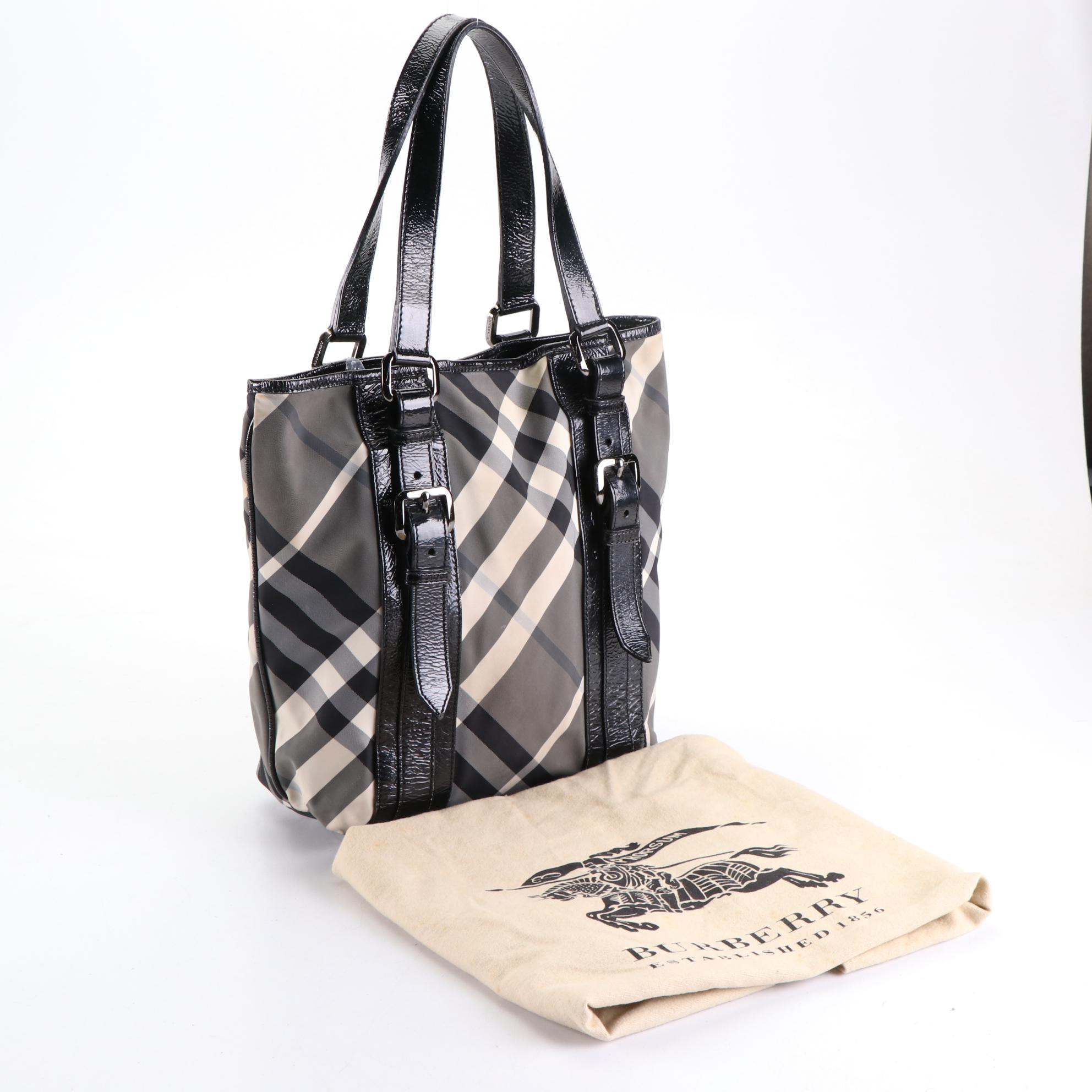 Burberry Tote Bag in Nova Check Nylon Twill and Patent Leather