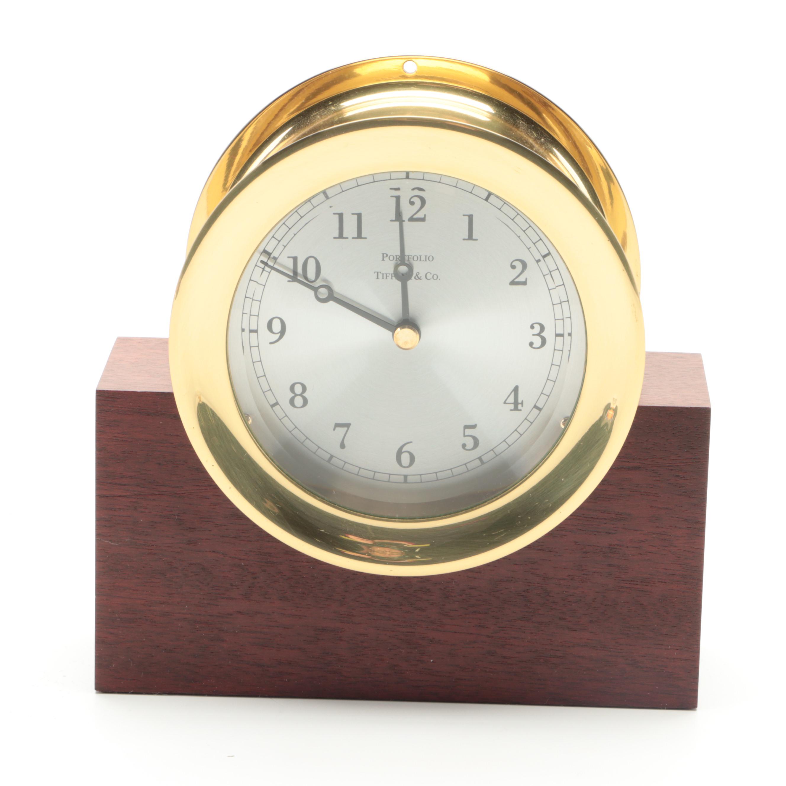 Tiffany & Co. Brass "Chelsea" Ship's Bell Clock with Brass Pocket Watch Stand