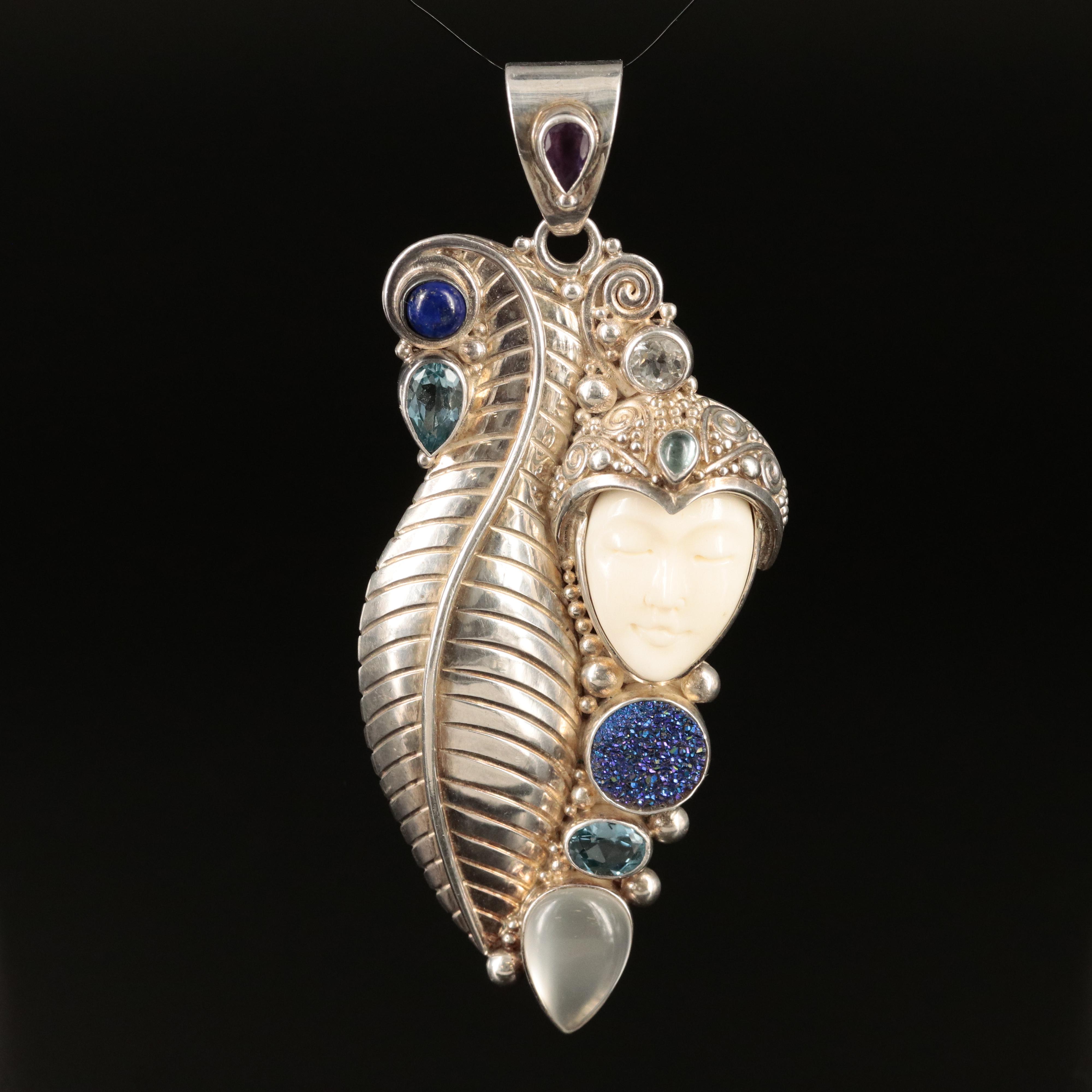 Sajen Sterling Carved Goddess Pendant Including Bone, Druzy, Topaz and Amethyst