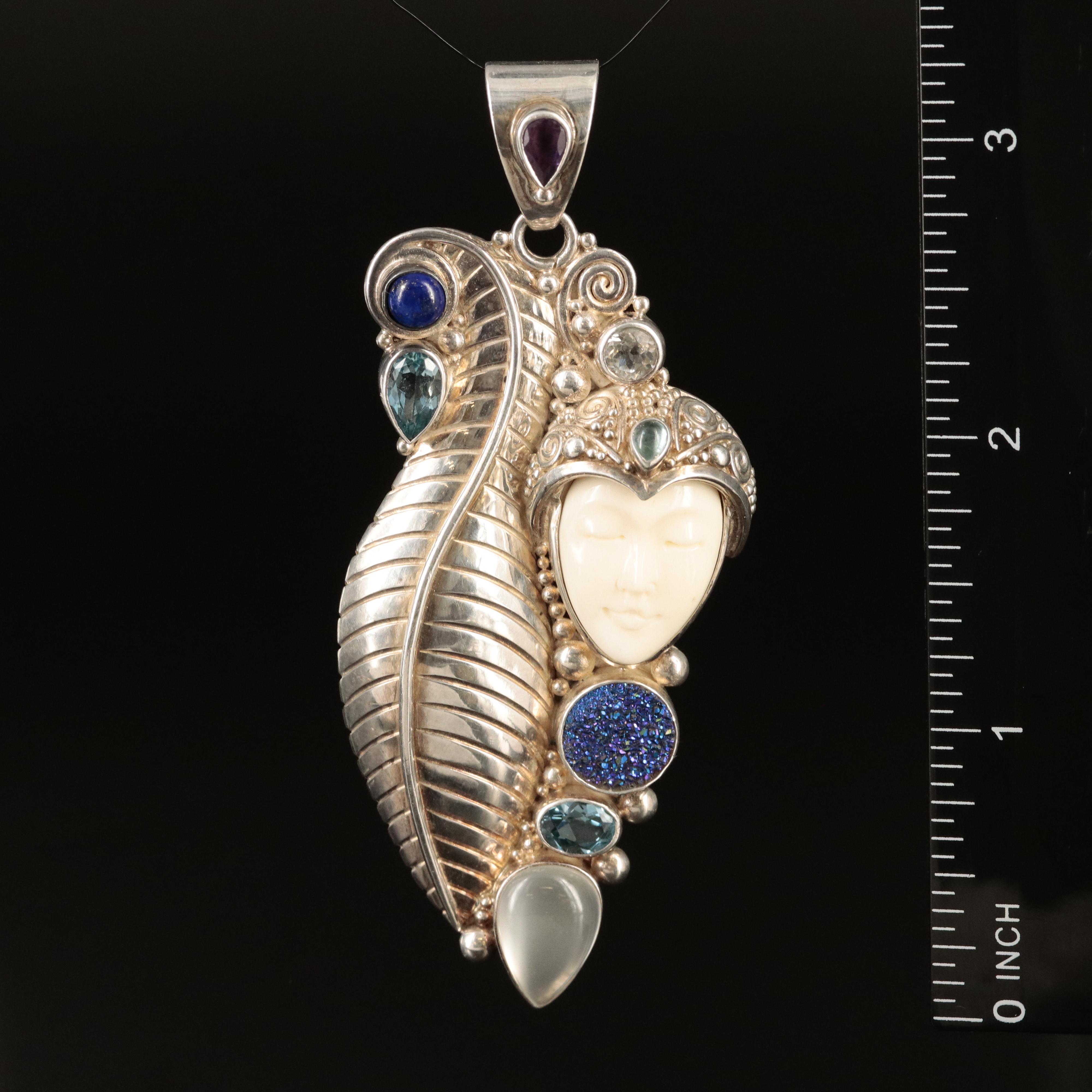 Sajen Sterling Carved Goddess Pendant Including Bone, Druzy, Topaz and Amethyst