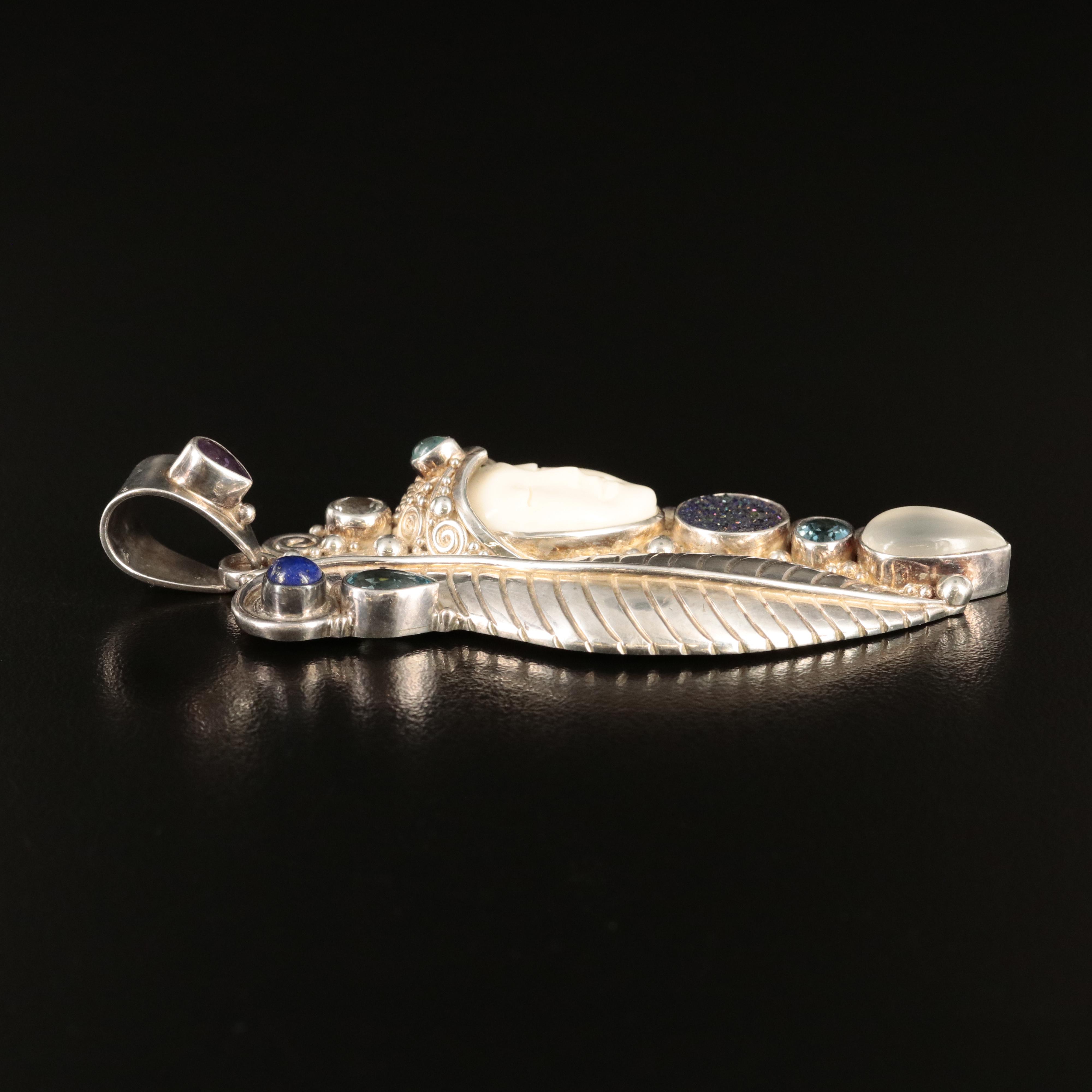 Sajen Sterling Carved Goddess Pendant Including Bone, Druzy, Topaz and Amethyst