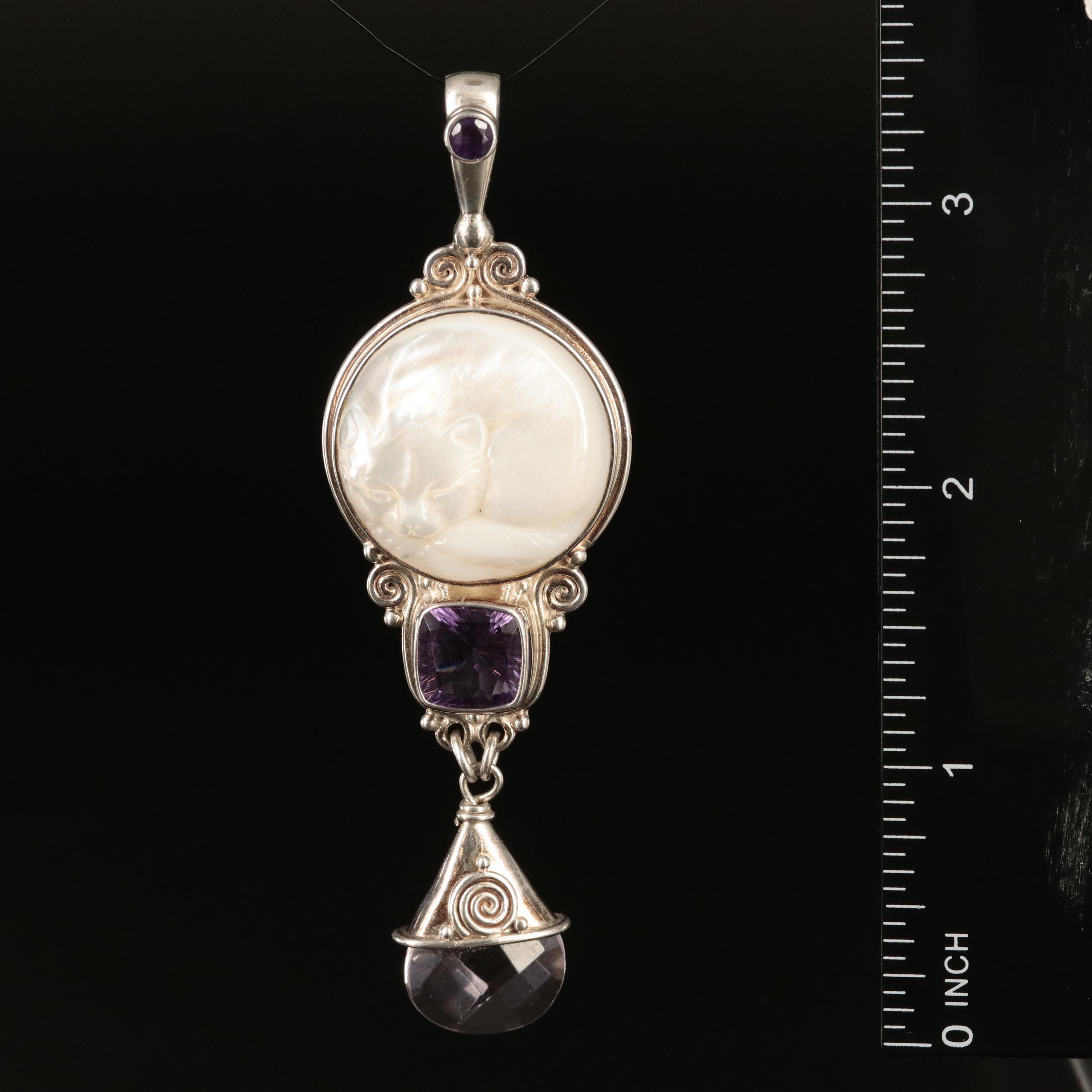 Sajen Sterling Mother-of-Pearl, Amethyst and Glass Carved Fox Pendant