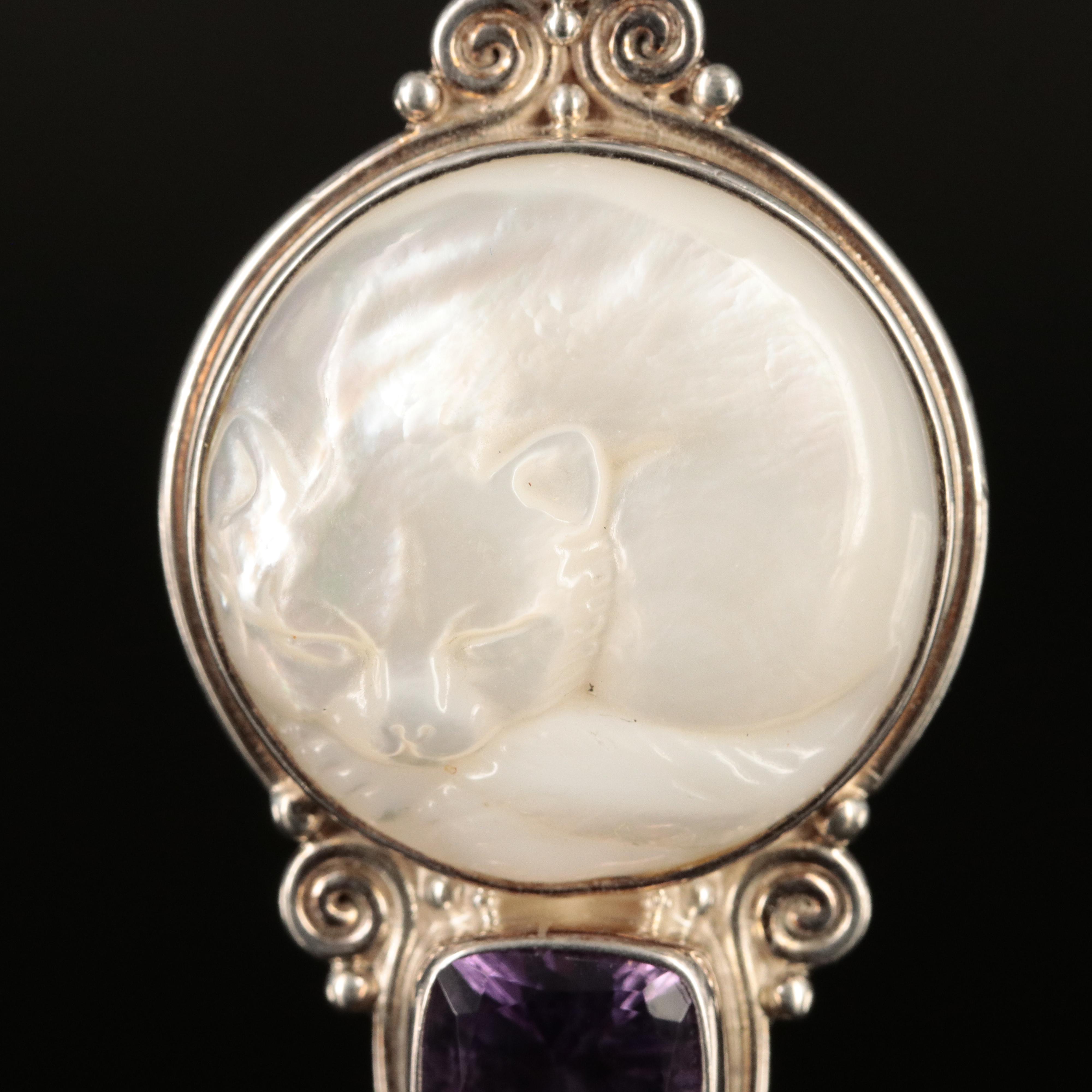 Sajen Sterling Mother-of-Pearl, Amethyst and Glass Carved Fox Pendant