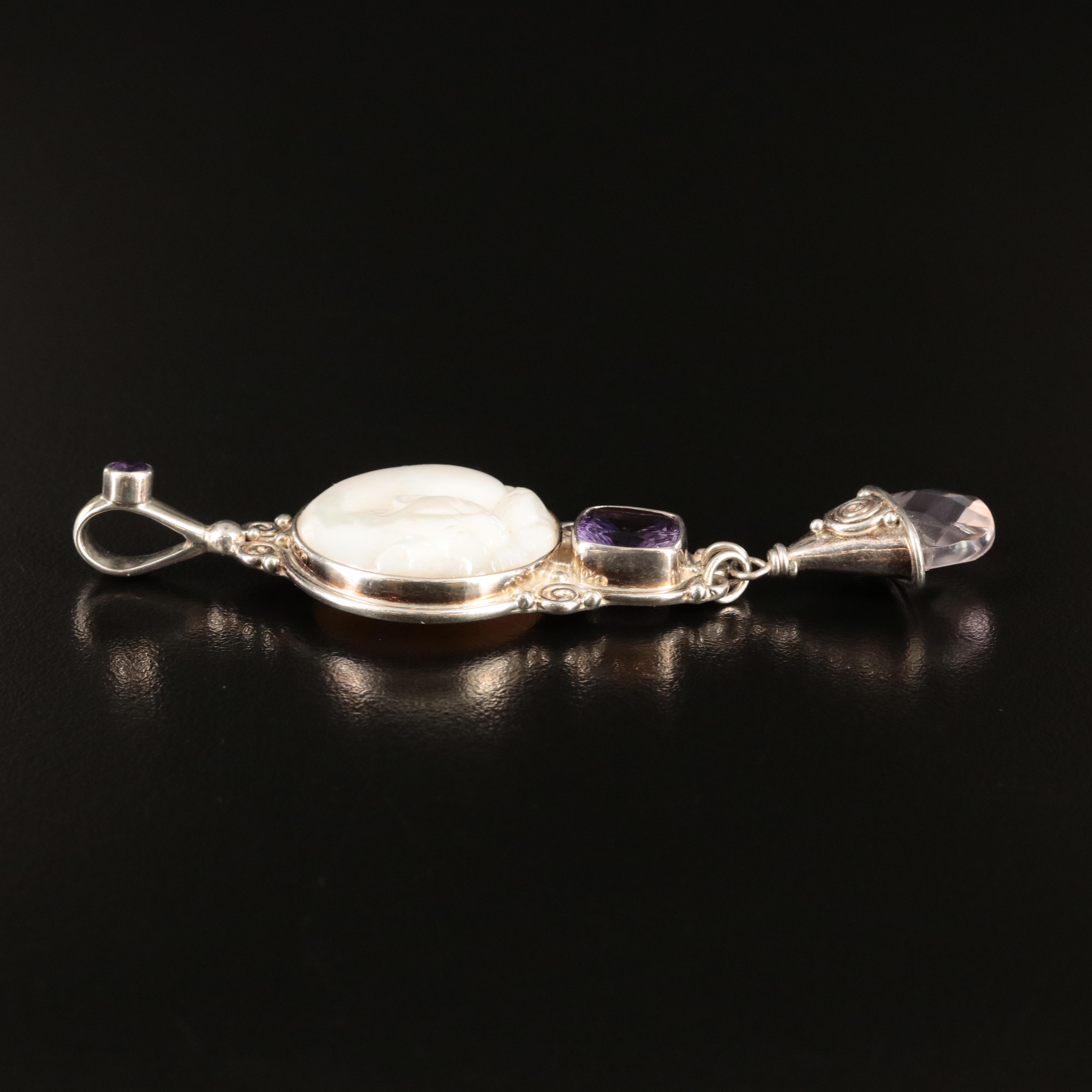 Sajen Sterling Mother-of-Pearl, Amethyst and Glass Carved Fox Pendant