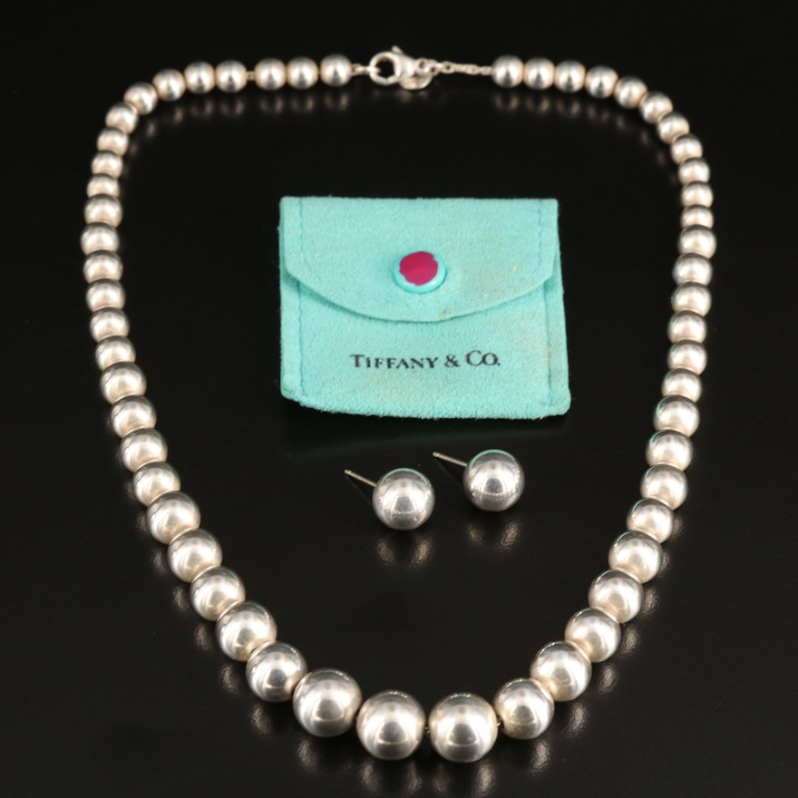 Tiffany & Co. Sterling Graduated Beaded Necklace and Stud Earrings