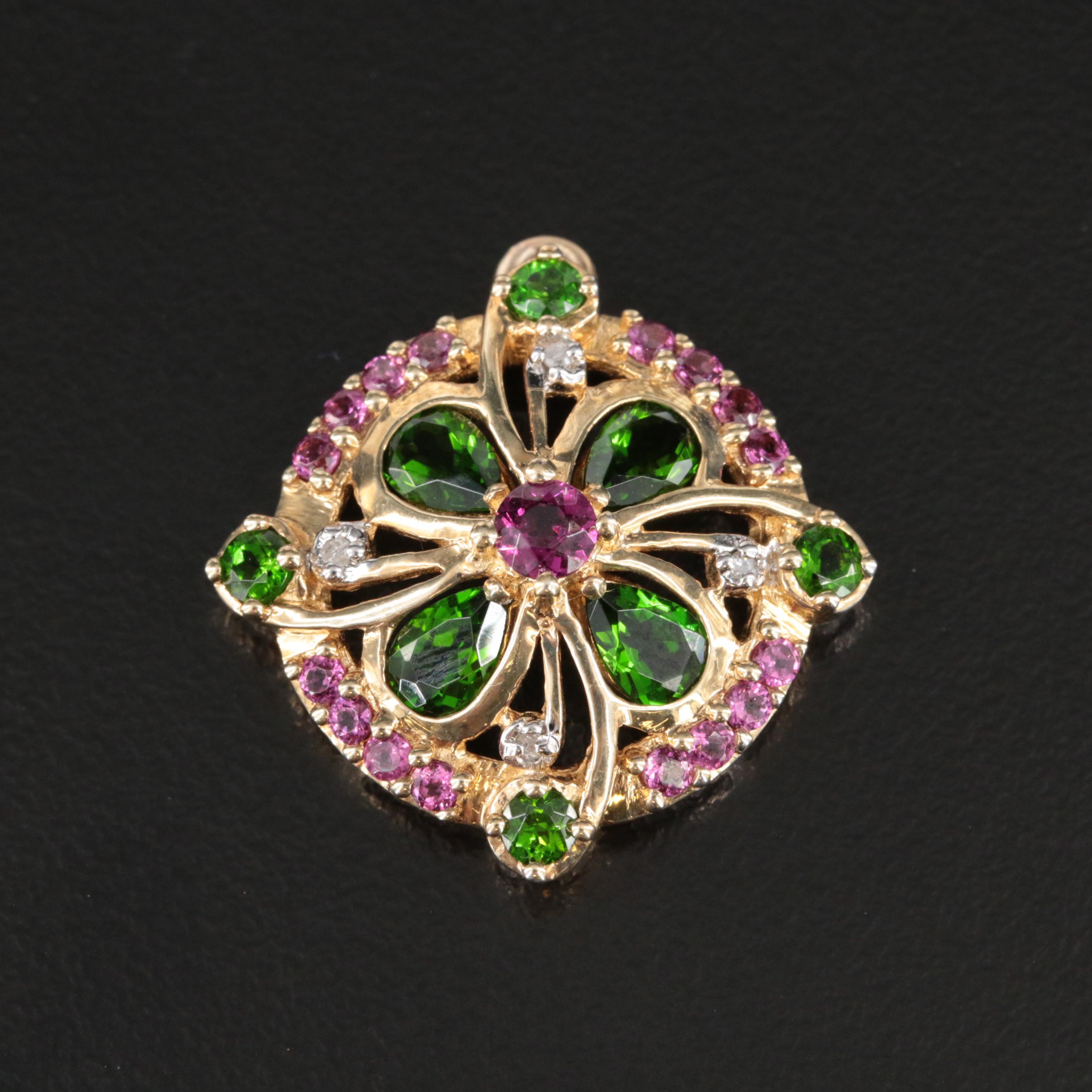 Sterling Diopside, Garnet and Diamond Pendant