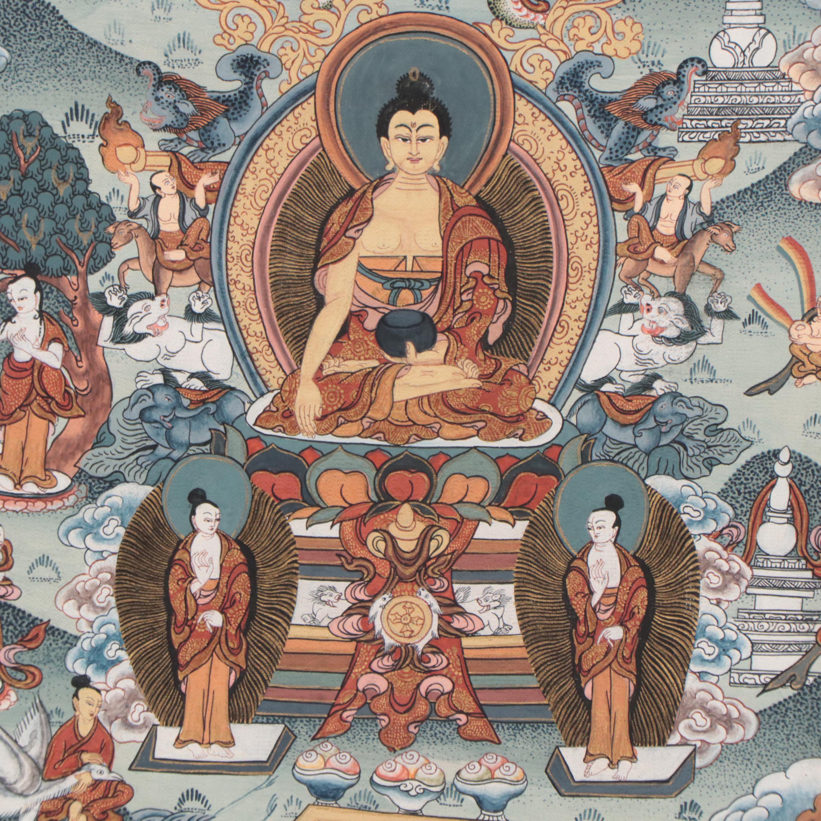 Tibetan Buddhist Gouache Thangka Painting of Life of the Buddha Shakyamuni