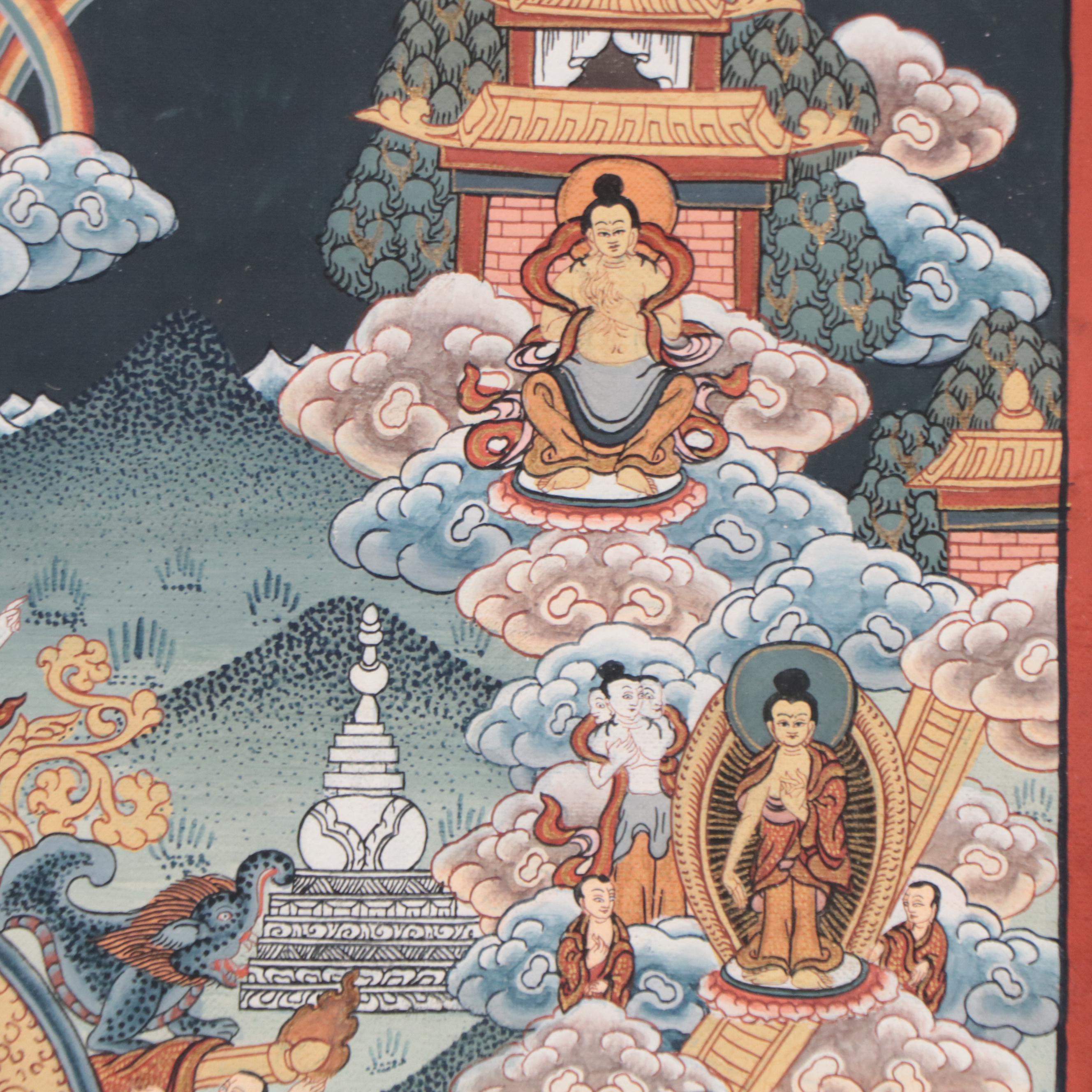 Tibetan Buddhist Gouache Thangka Painting of Life of the Buddha Shakyamuni