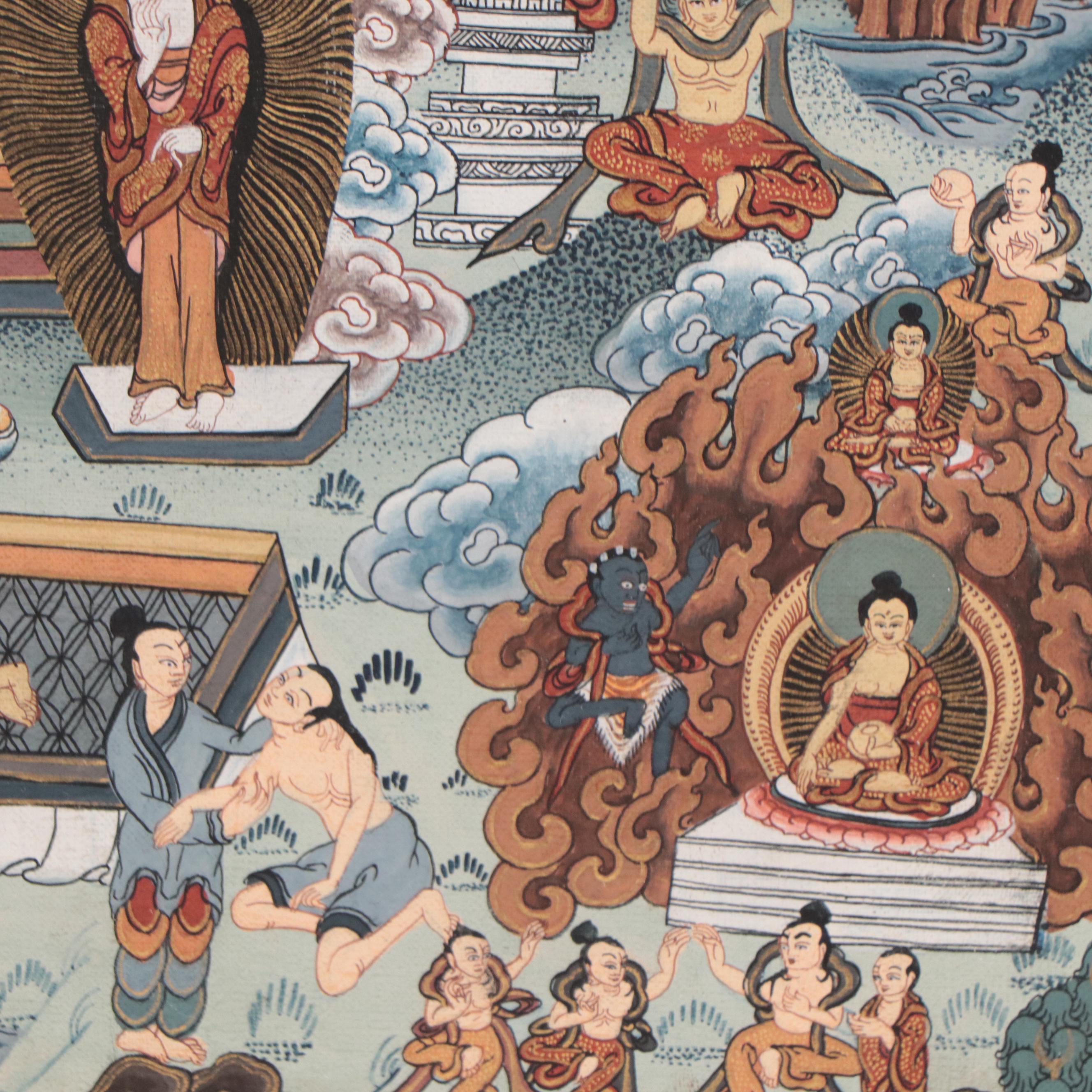 Tibetan Buddhist Gouache Thangka Painting of Life of the Buddha Shakyamuni