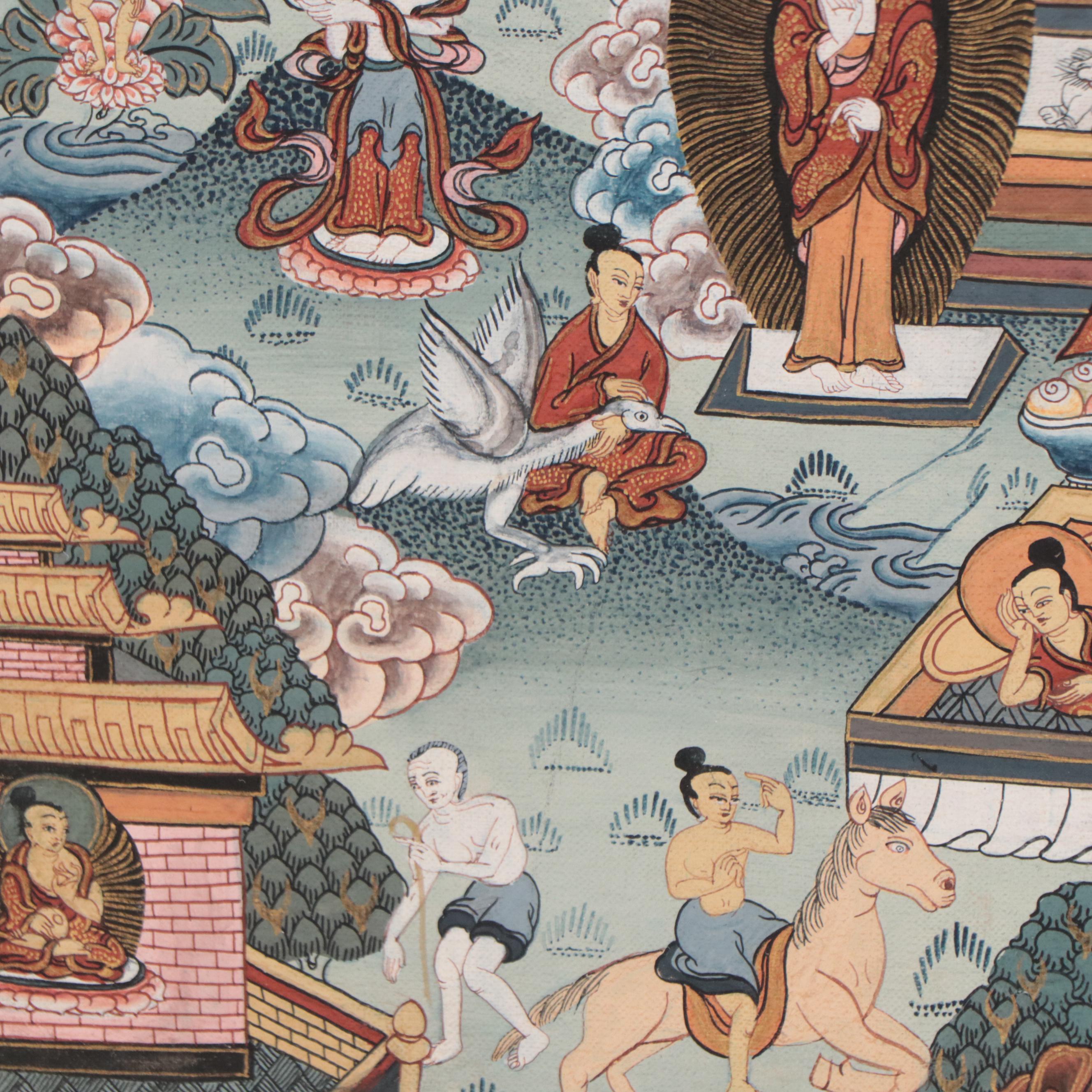 Tibetan Buddhist Gouache Thangka Painting of Life of the Buddha Shakyamuni