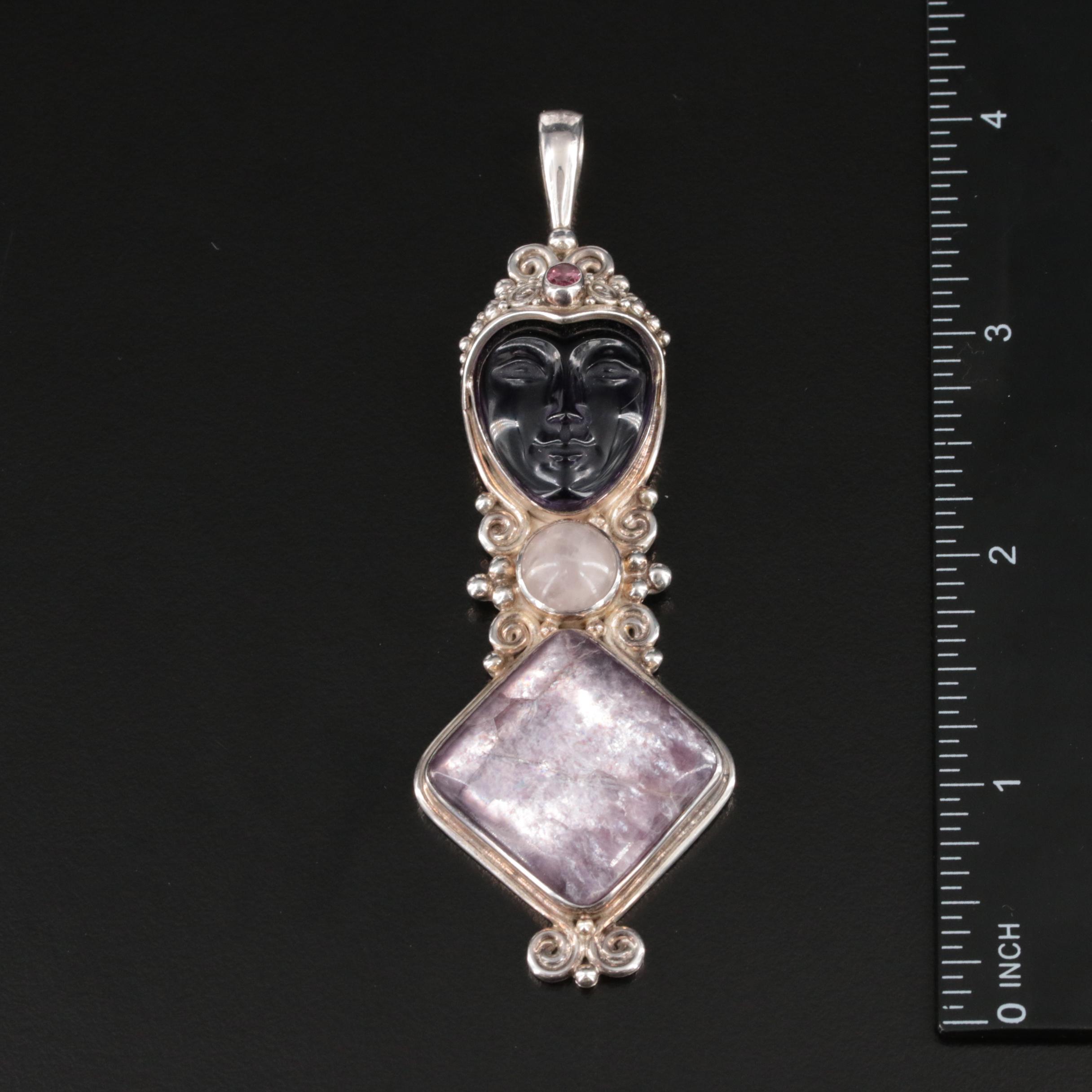 Sajen Sterling Carved Goddess Pendant Including Amethyst and Rose Quartz