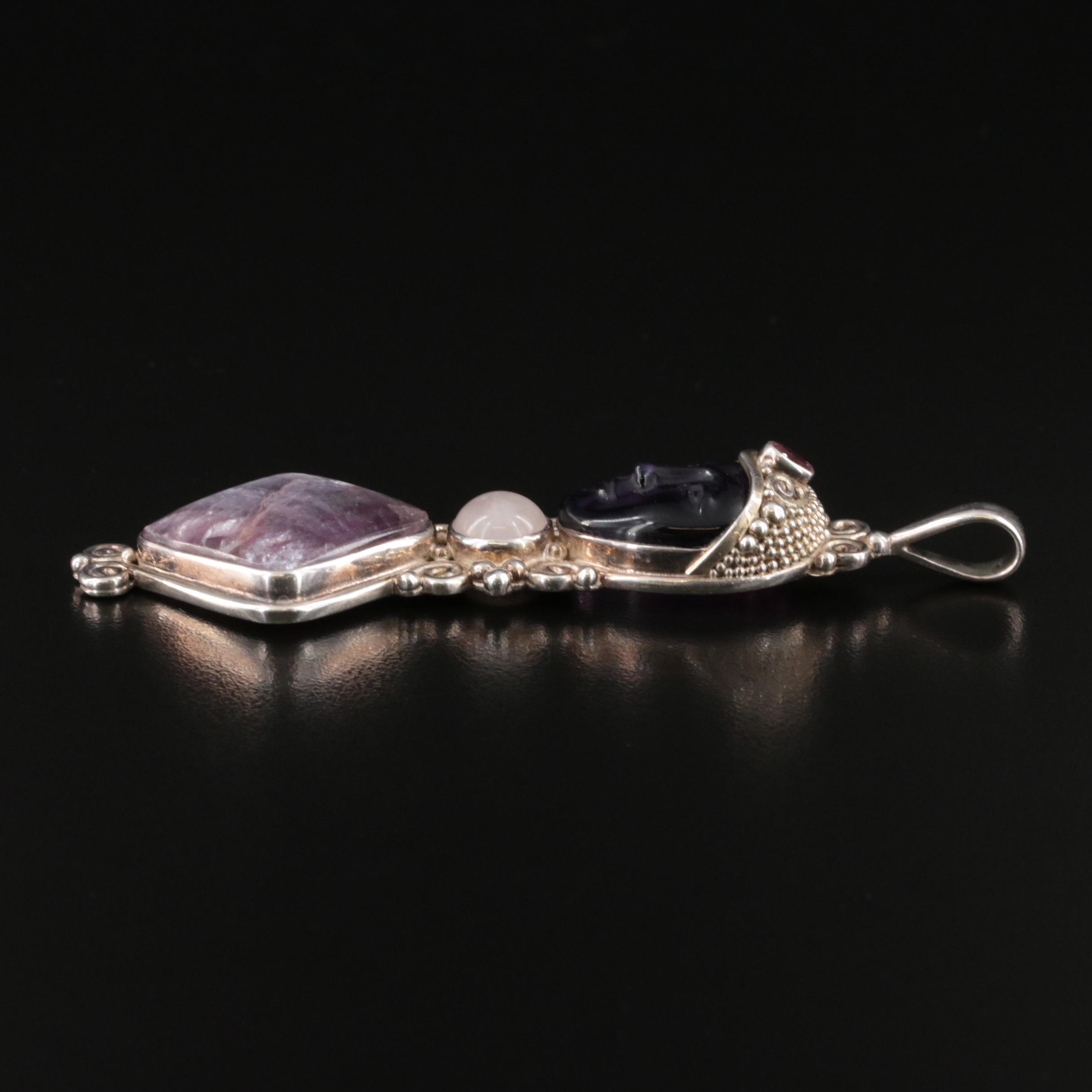 Sajen Sterling Carved Goddess Pendant Including Amethyst and Rose Quartz