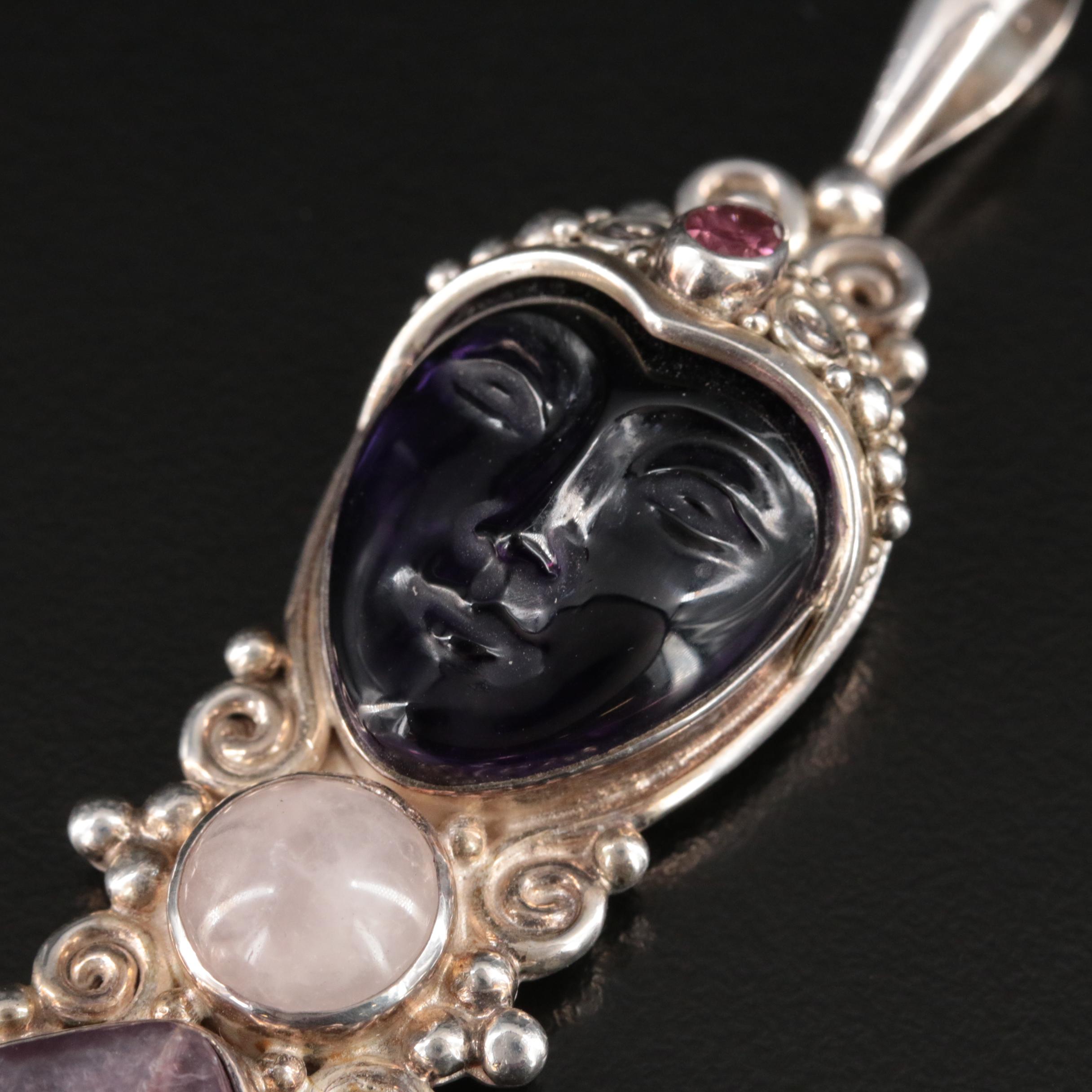 Sajen Sterling Carved Goddess Pendant Including Amethyst and Rose Quartz