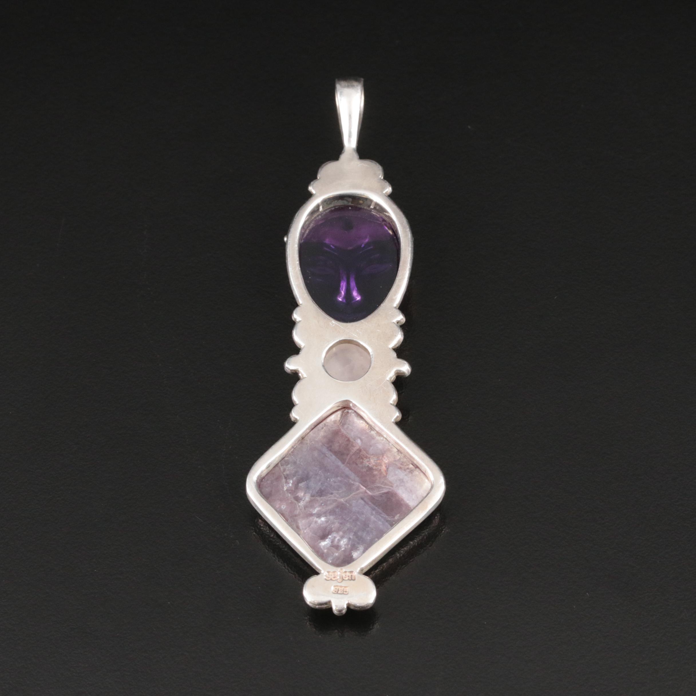 Sajen Sterling Carved Goddess Pendant Including Amethyst and Rose Quartz