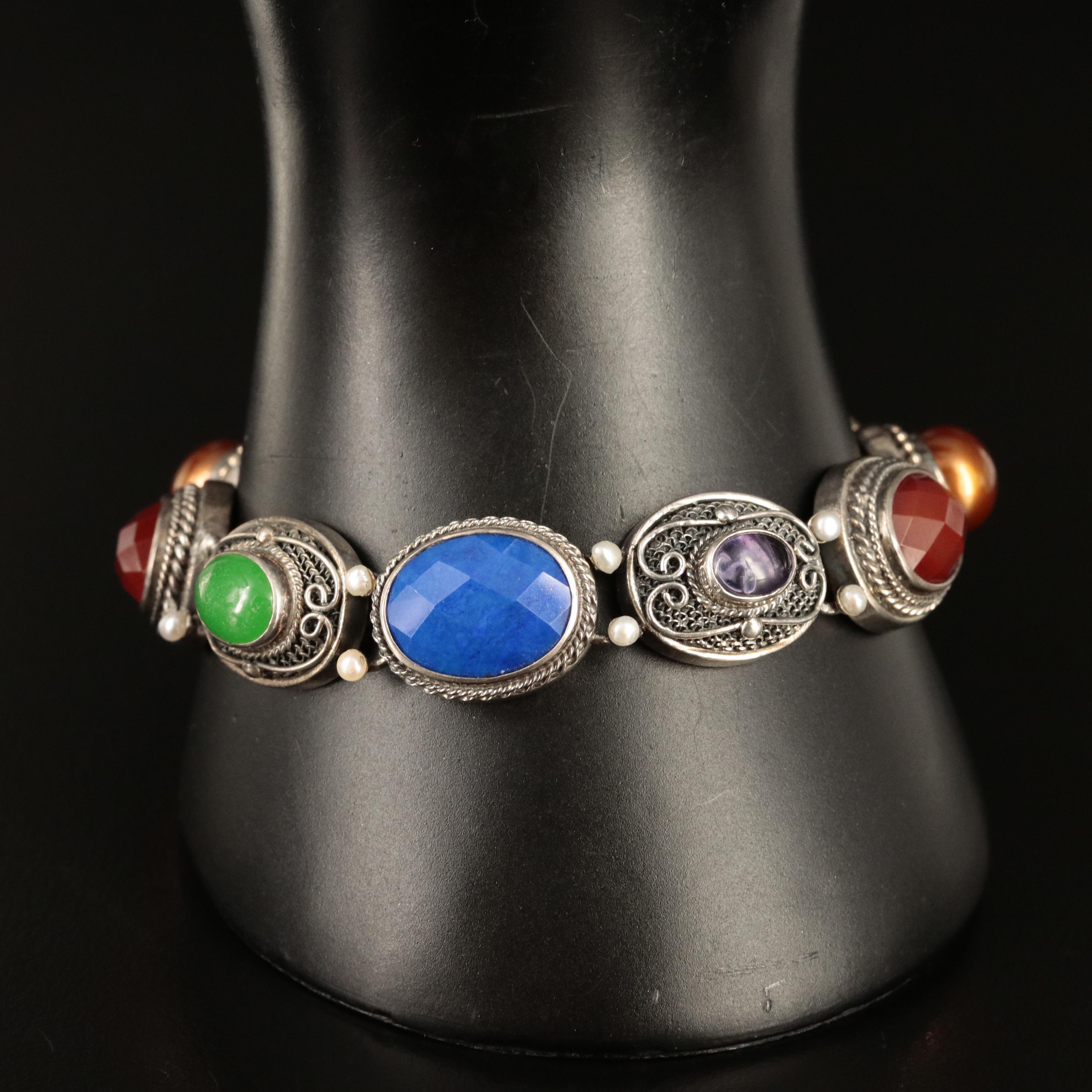 Sterling Bracelet Including Garnet, Amethyst and Pearl