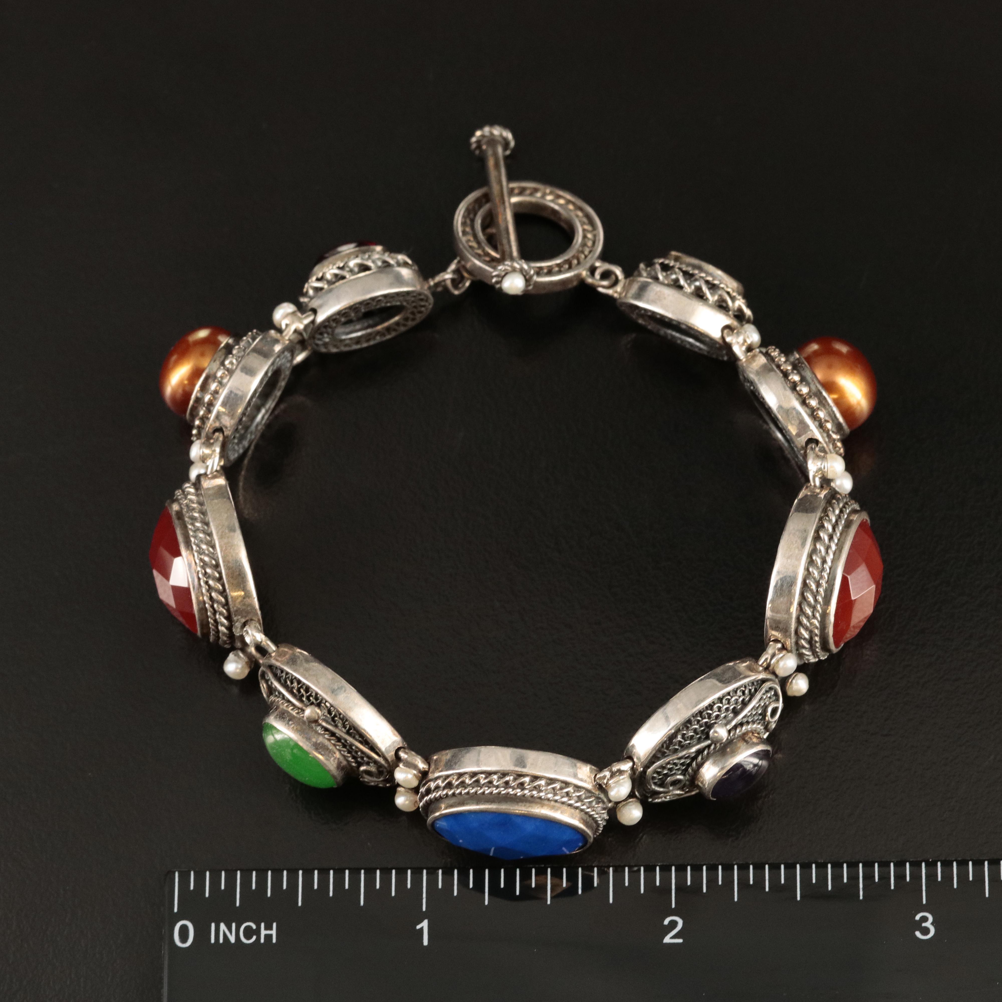 Sterling Bracelet Including Garnet, Amethyst and Pearl