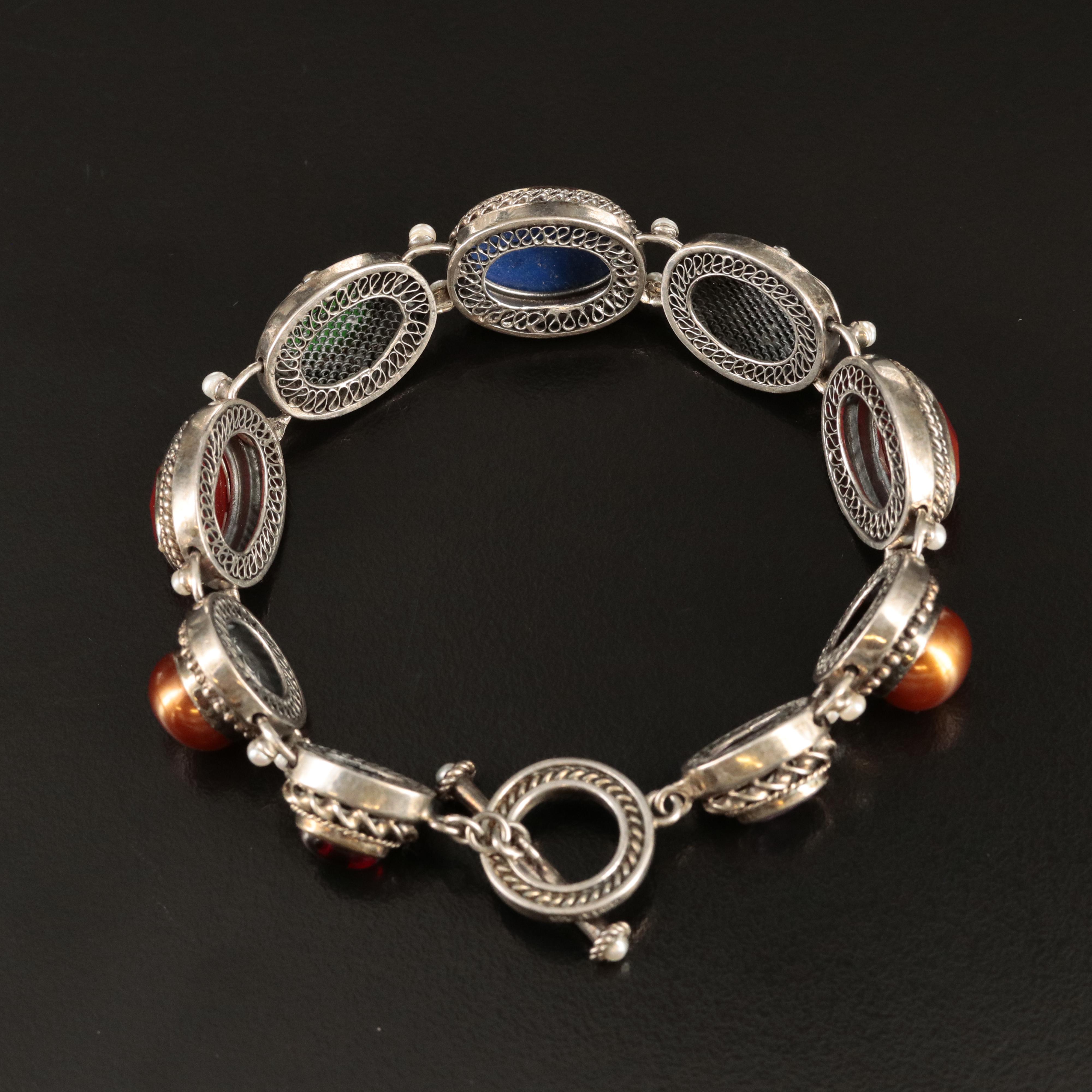 Sterling Bracelet Including Garnet, Amethyst and Pearl