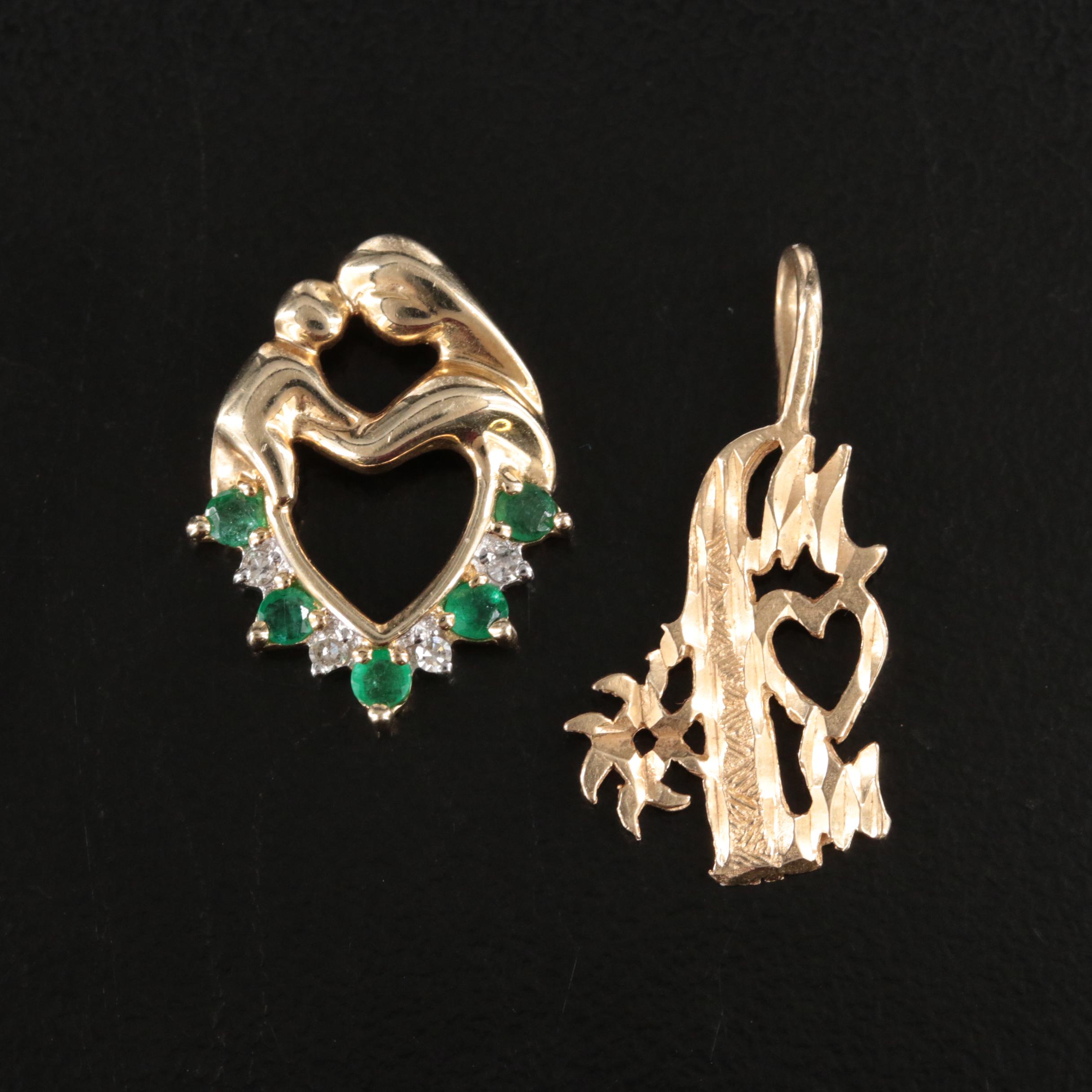 14K #1 Mom Pendant with 10K Emerald and Diamond Mother and Child Pendant