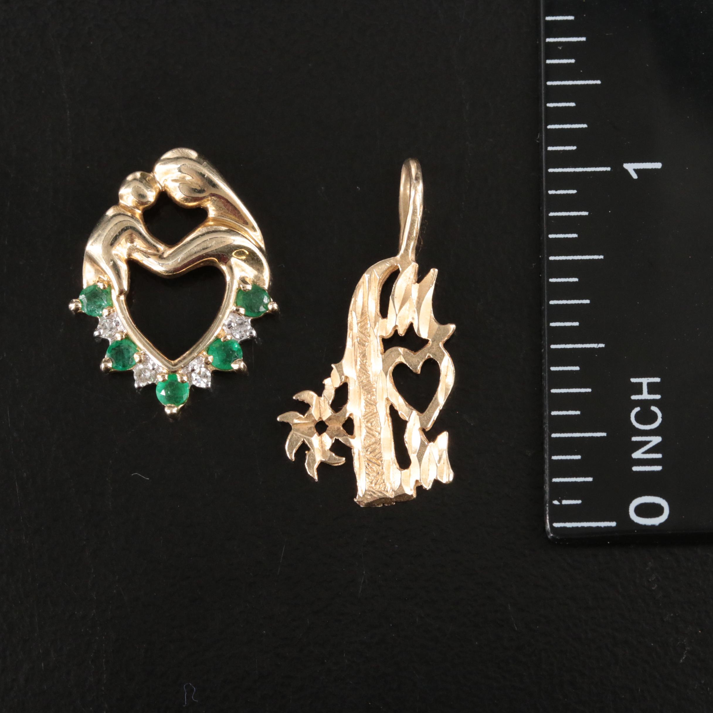 14K #1 Mom Pendant with 10K Emerald and Diamond Mother and Child Pendant