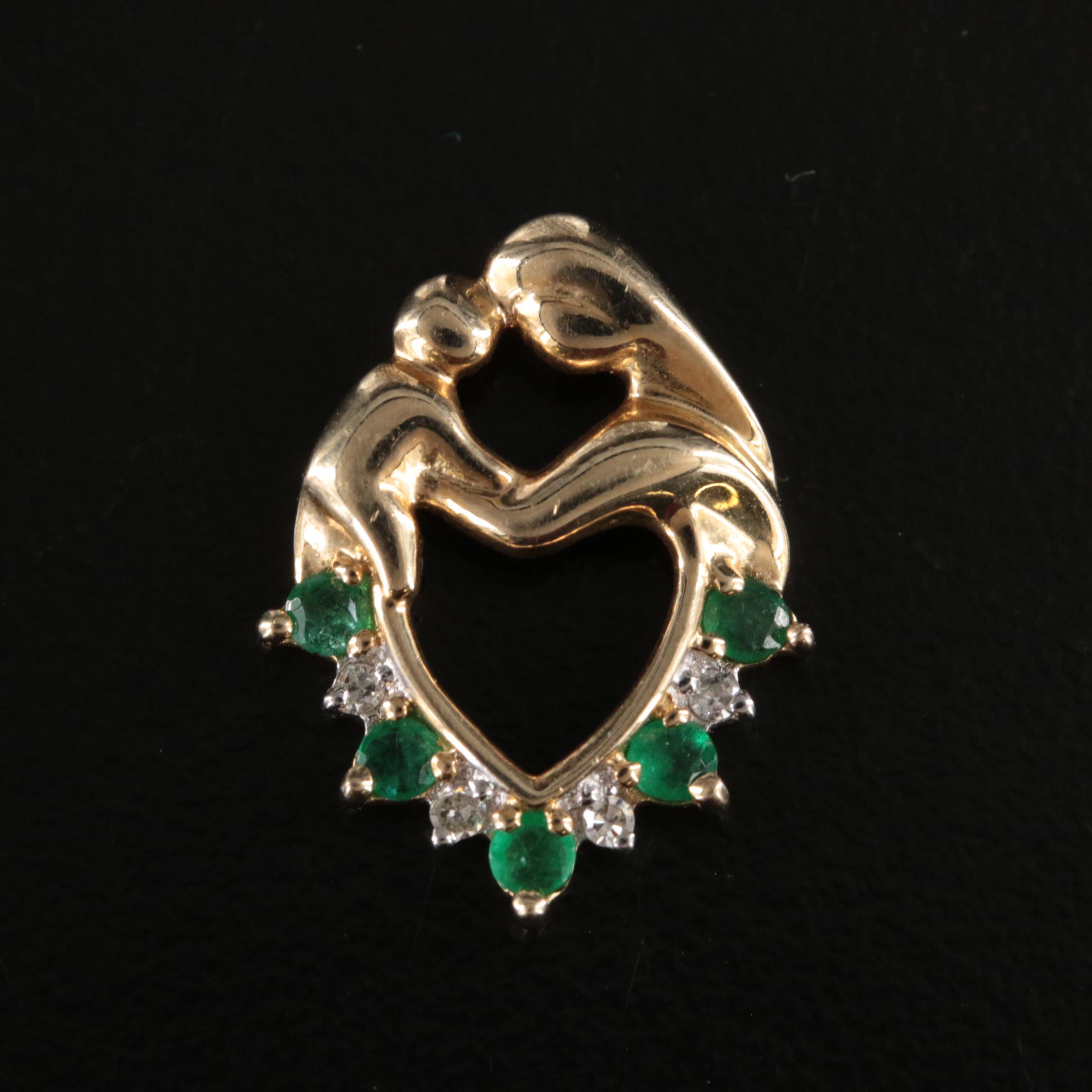 14K #1 Mom Pendant with 10K Emerald and Diamond Mother and Child Pendant