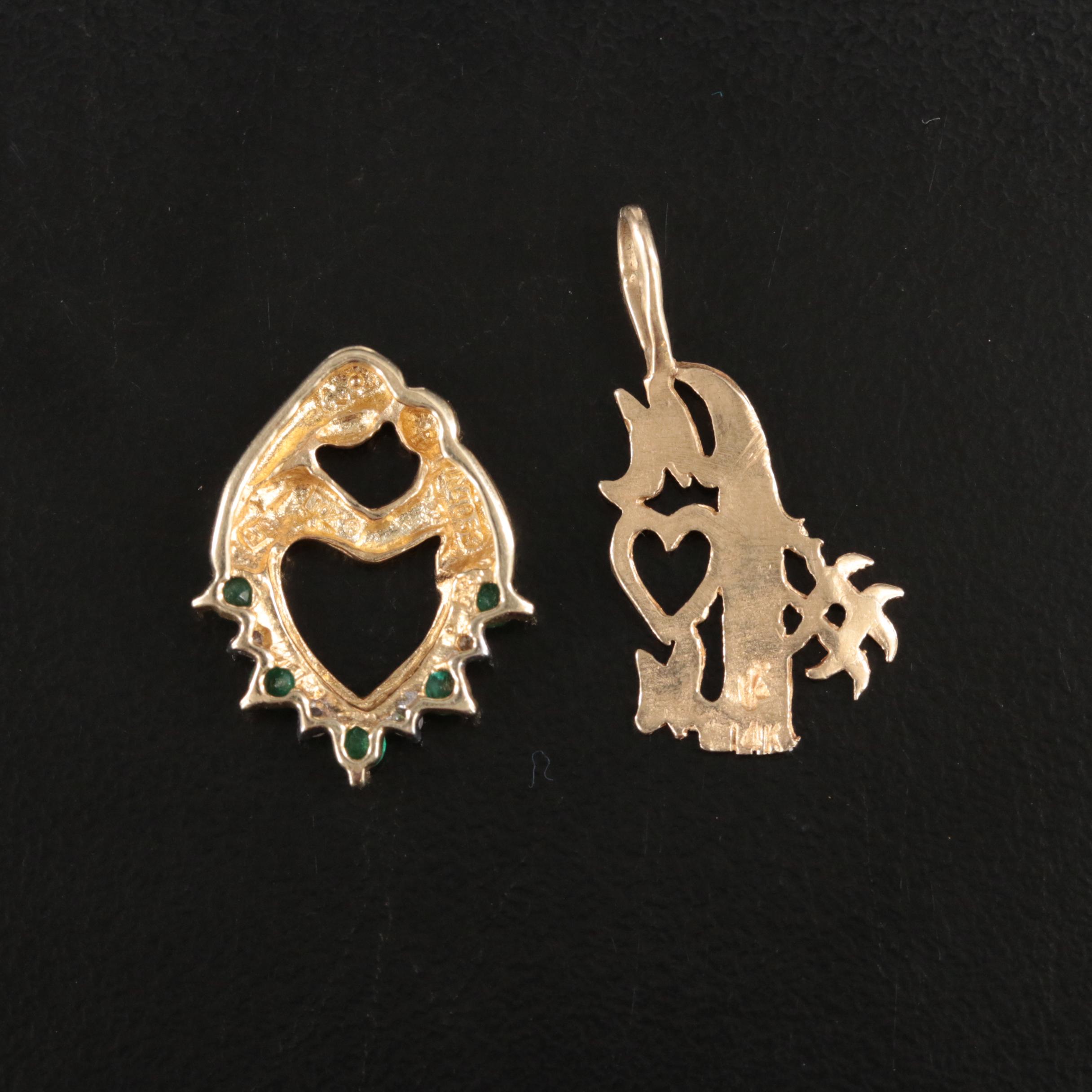 14K #1 Mom Pendant with 10K Emerald and Diamond Mother and Child Pendant
