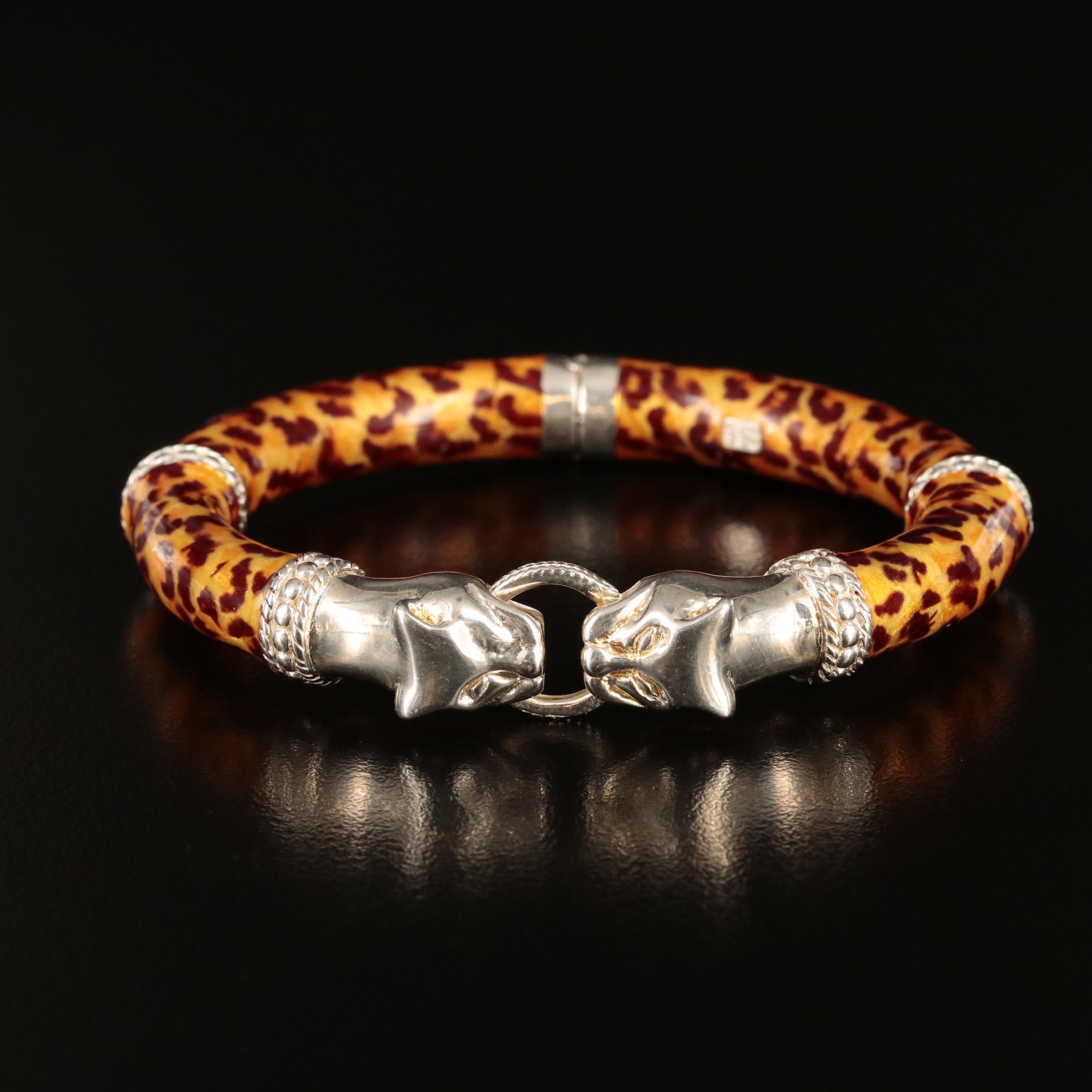 Italian Sterling Enamel Leopard Hinged Bangle