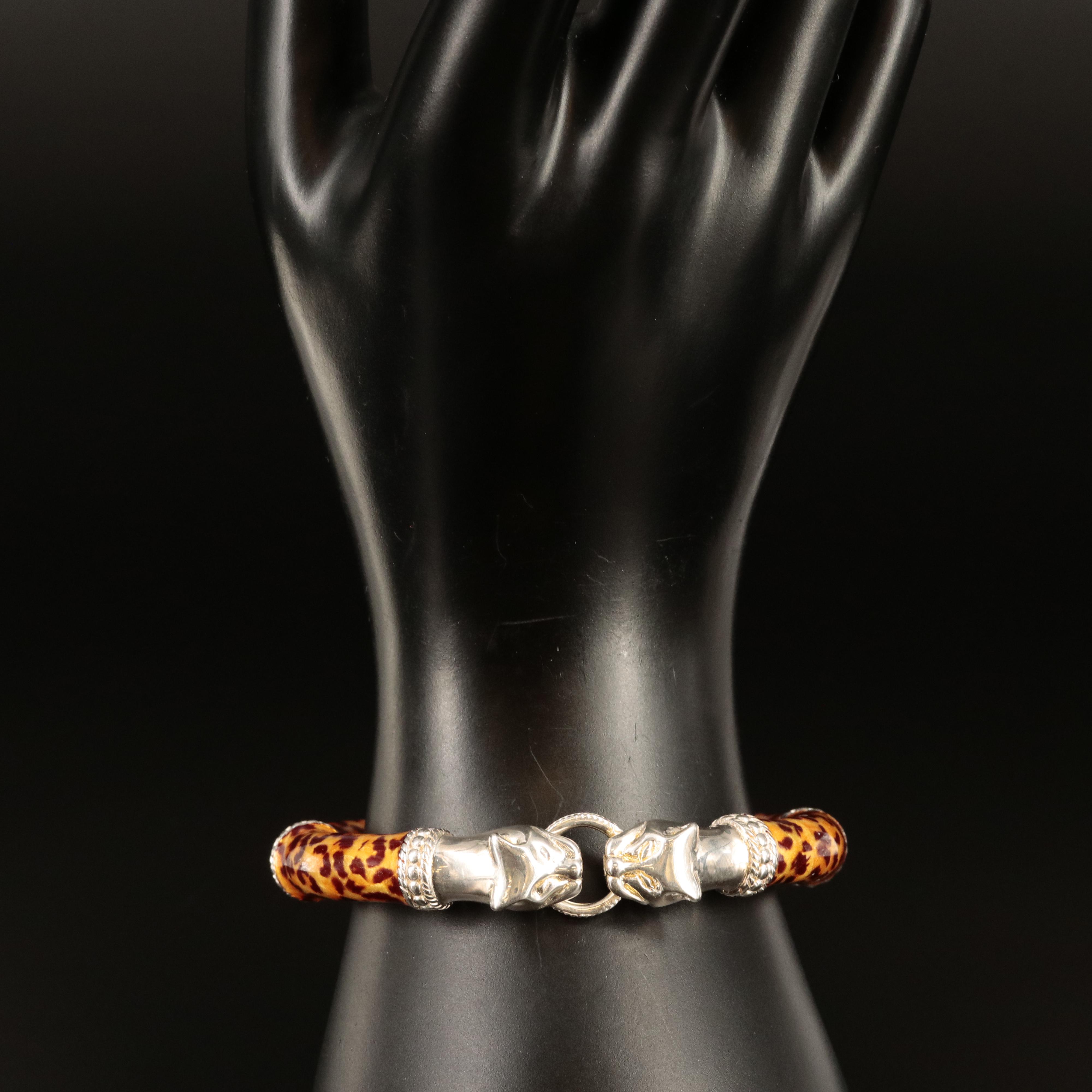 Italian Sterling Enamel Leopard Hinged Bangle