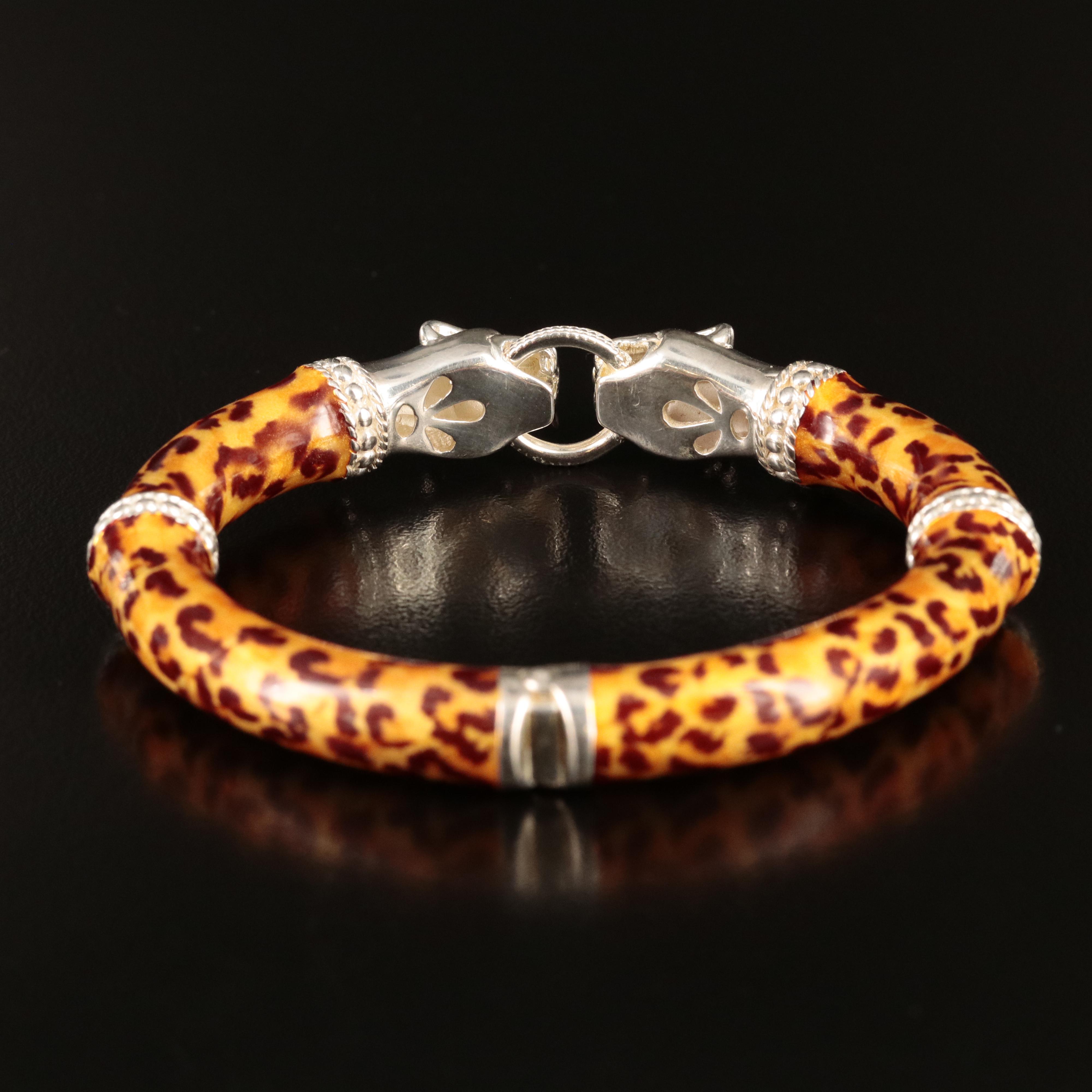 Italian Sterling Enamel Leopard Hinged Bangle