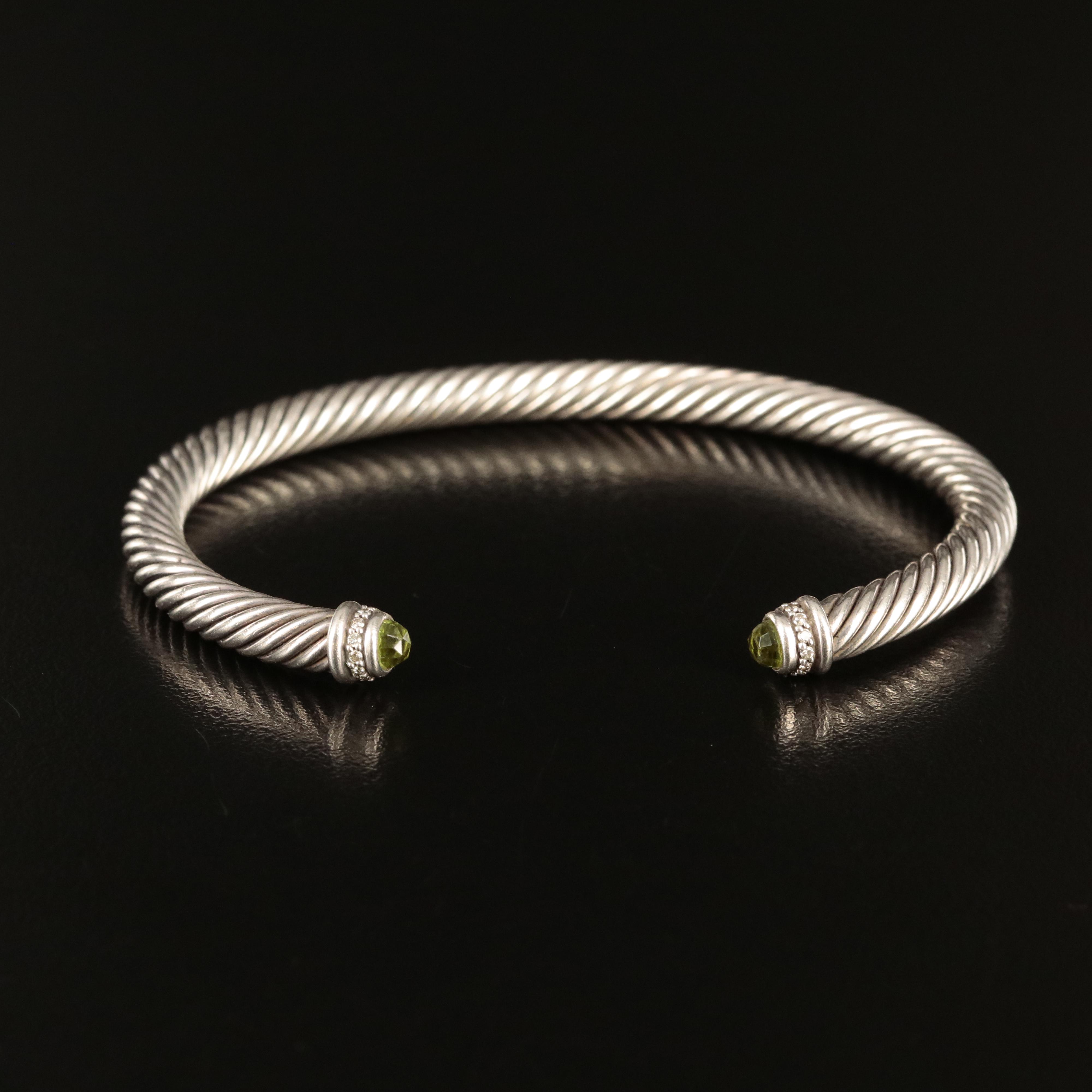 David Yurman Sterling Peridot and Diamond Cable Cuff