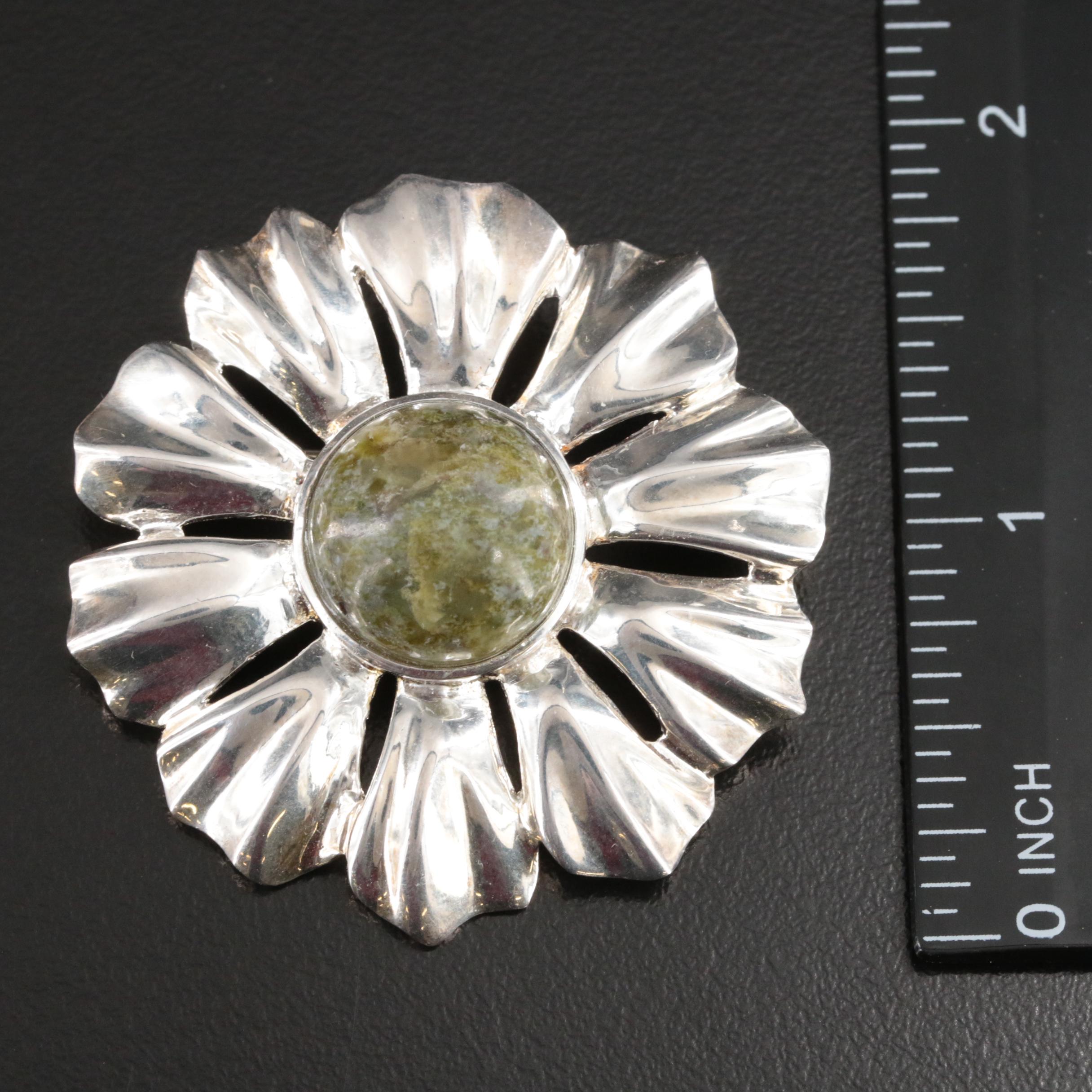 Sterling Bracelet, Converter Brooch and Ring Including Diamond and Serpentine