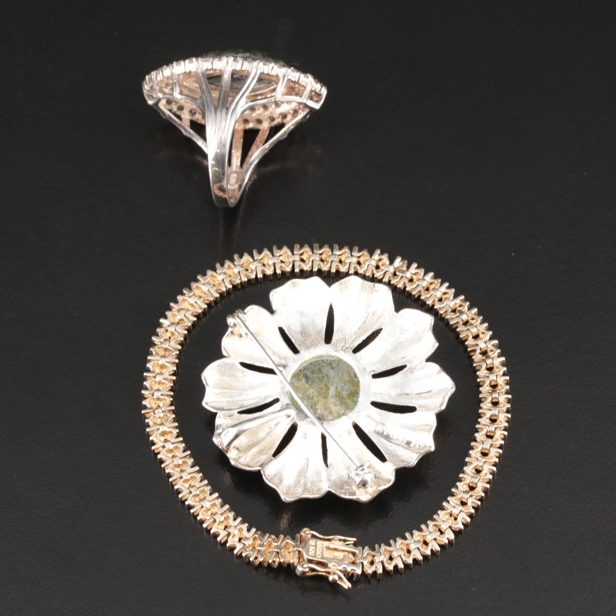Sterling Bracelet, Converter Brooch and Ring Including Diamond and Serpentine