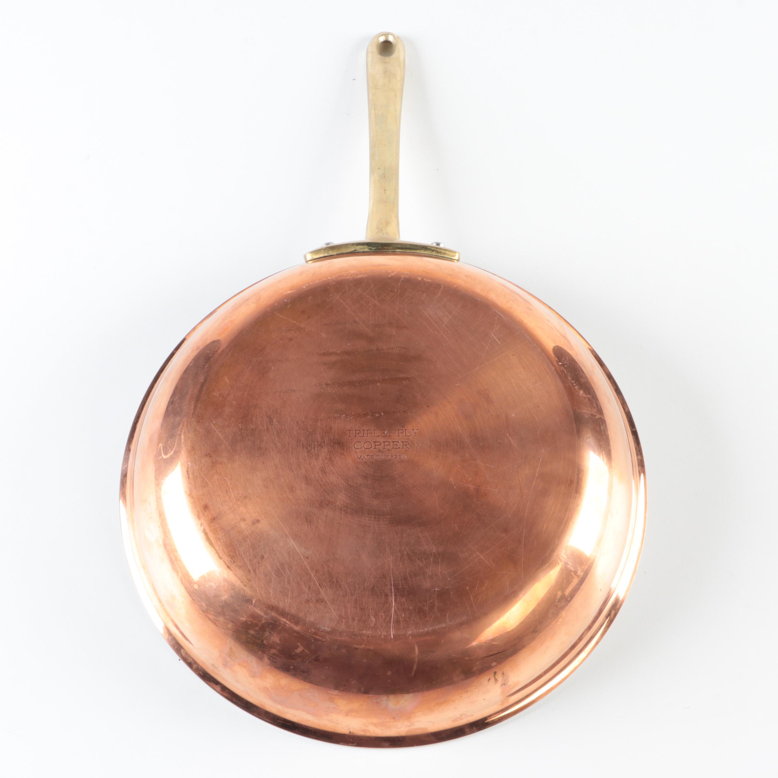 Copper Plated Frying Pan and Colander with Brass Handles