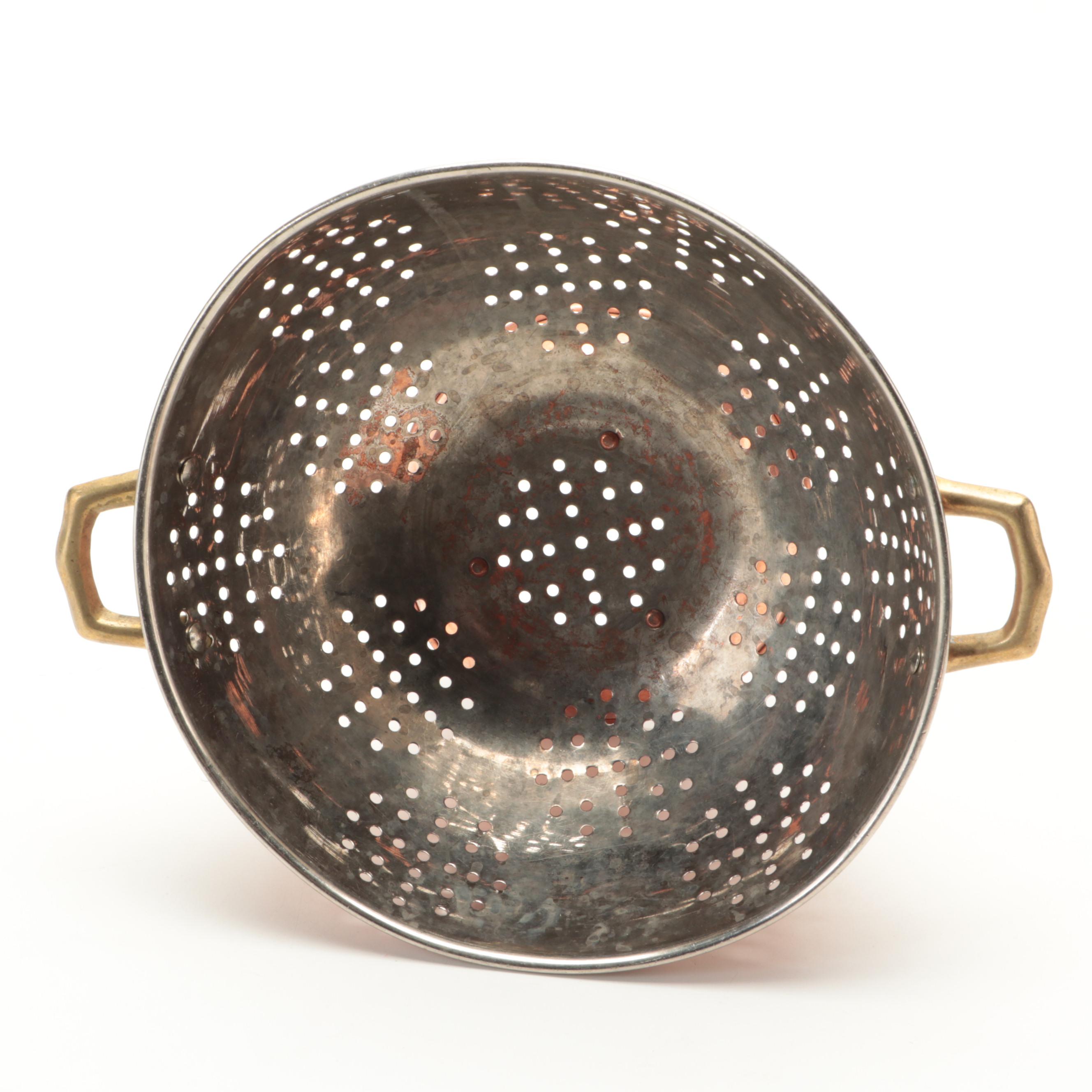 Copper Plated Frying Pan and Colander with Brass Handles